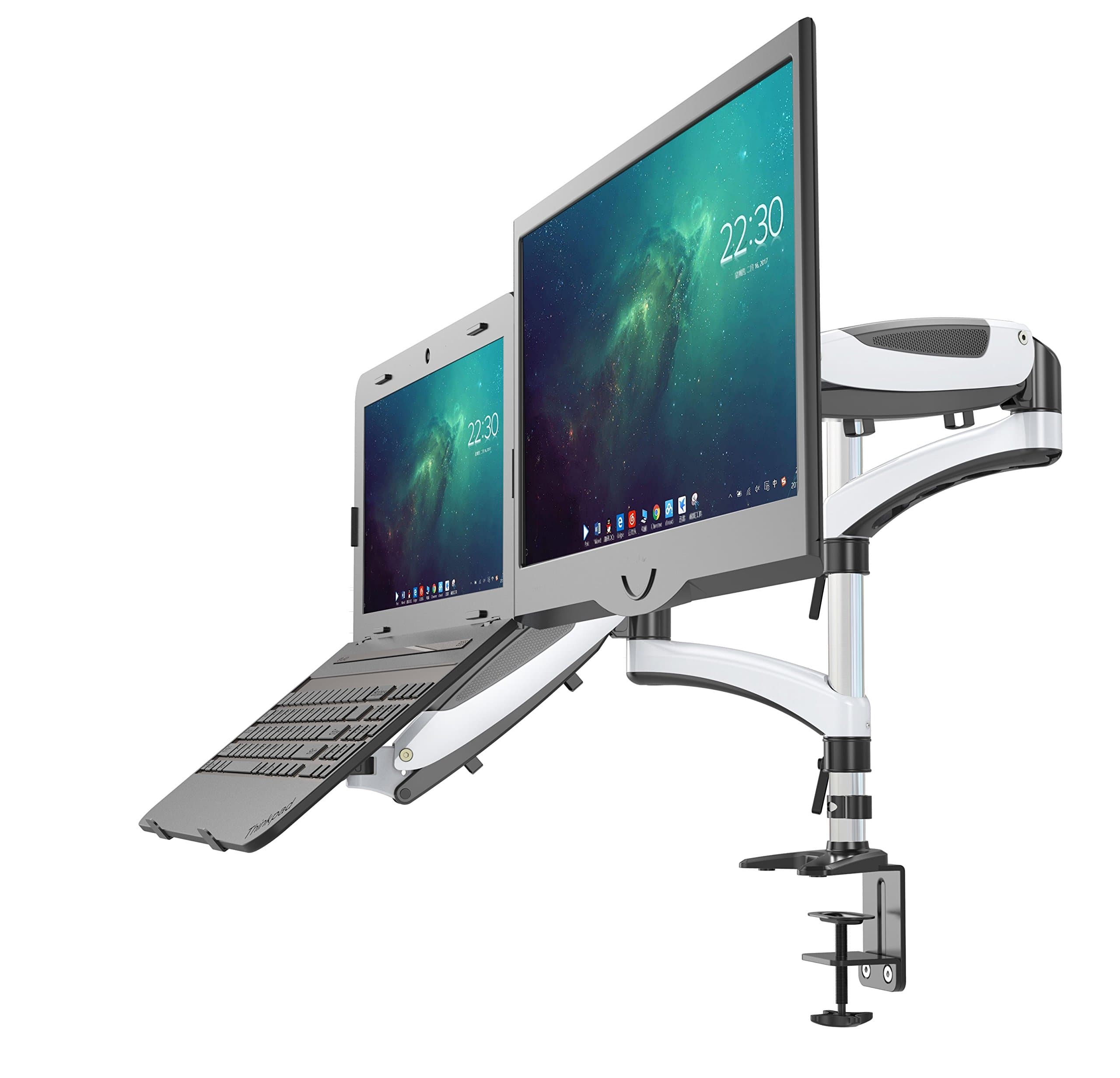 Fully Adjustable Dual Gas spring LCD Monitor & Laptop Mount/ Stand with 2 Swing Arms for 1 Laptop & 1 Monitor,both Desk clamp and grommet mounting LH08