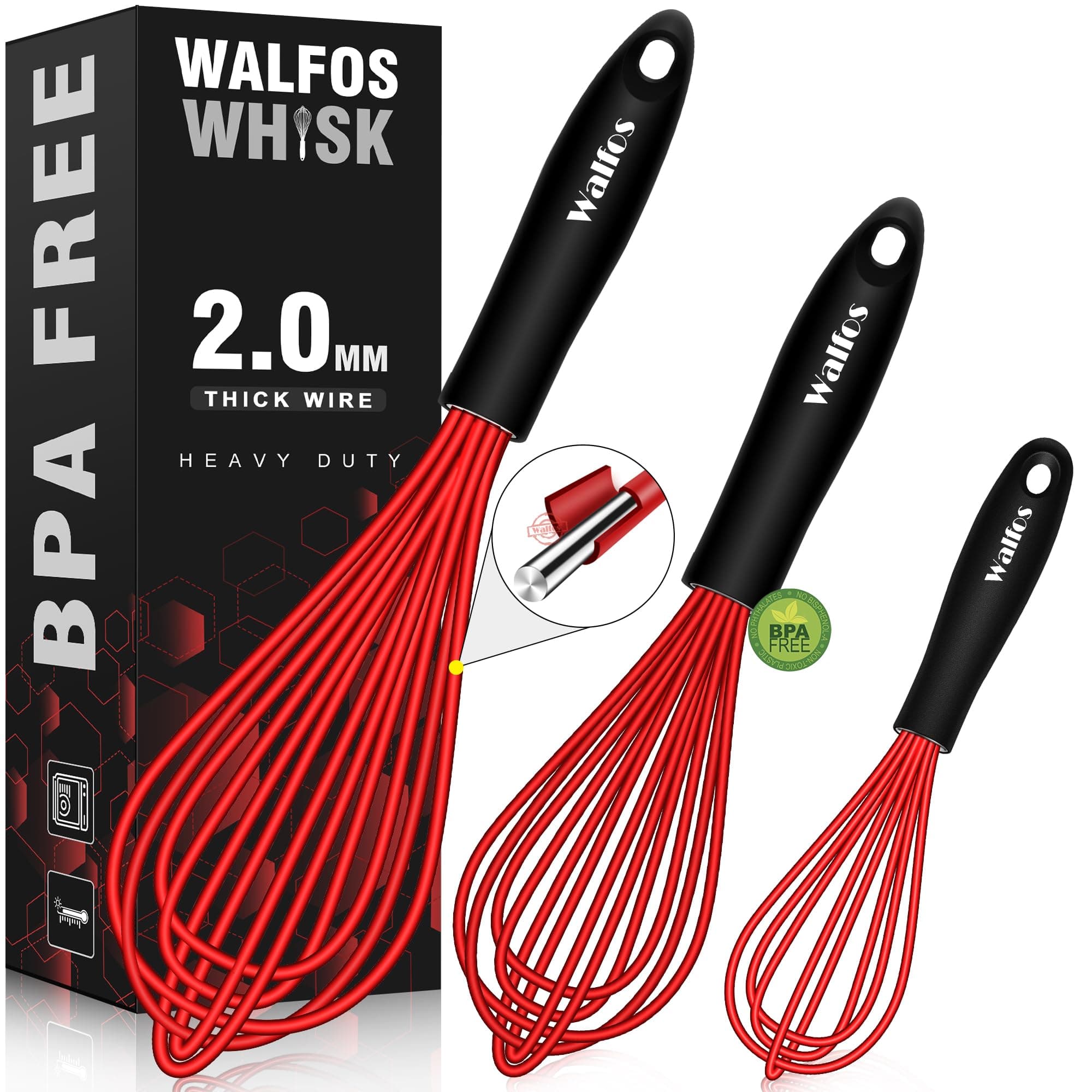 Walfos Whisk,Silicone Whisks- Heat Resistant（480°F） Silicone Whisks for Cooking Non Scratch,BPA free and Dishwasher Safe.Perfect for Blending,Whisking,Beating, Set of 3(Red)