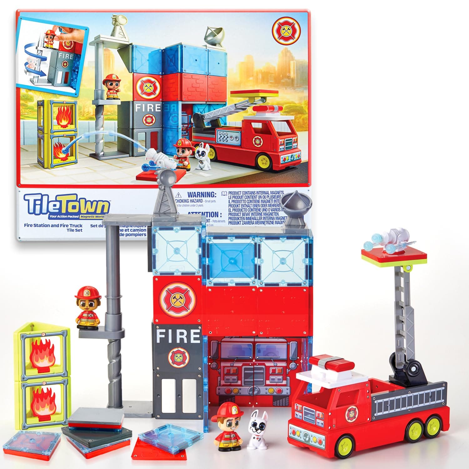 Fire House + Firetruck Magnetic Tiles Building Playset & Vehicle w/ Lights & Sounds + Figures, Kids 3-5+, New ACTION TILES for Action Play, STEM Creative Toy, Great Gift for Boys & Girls