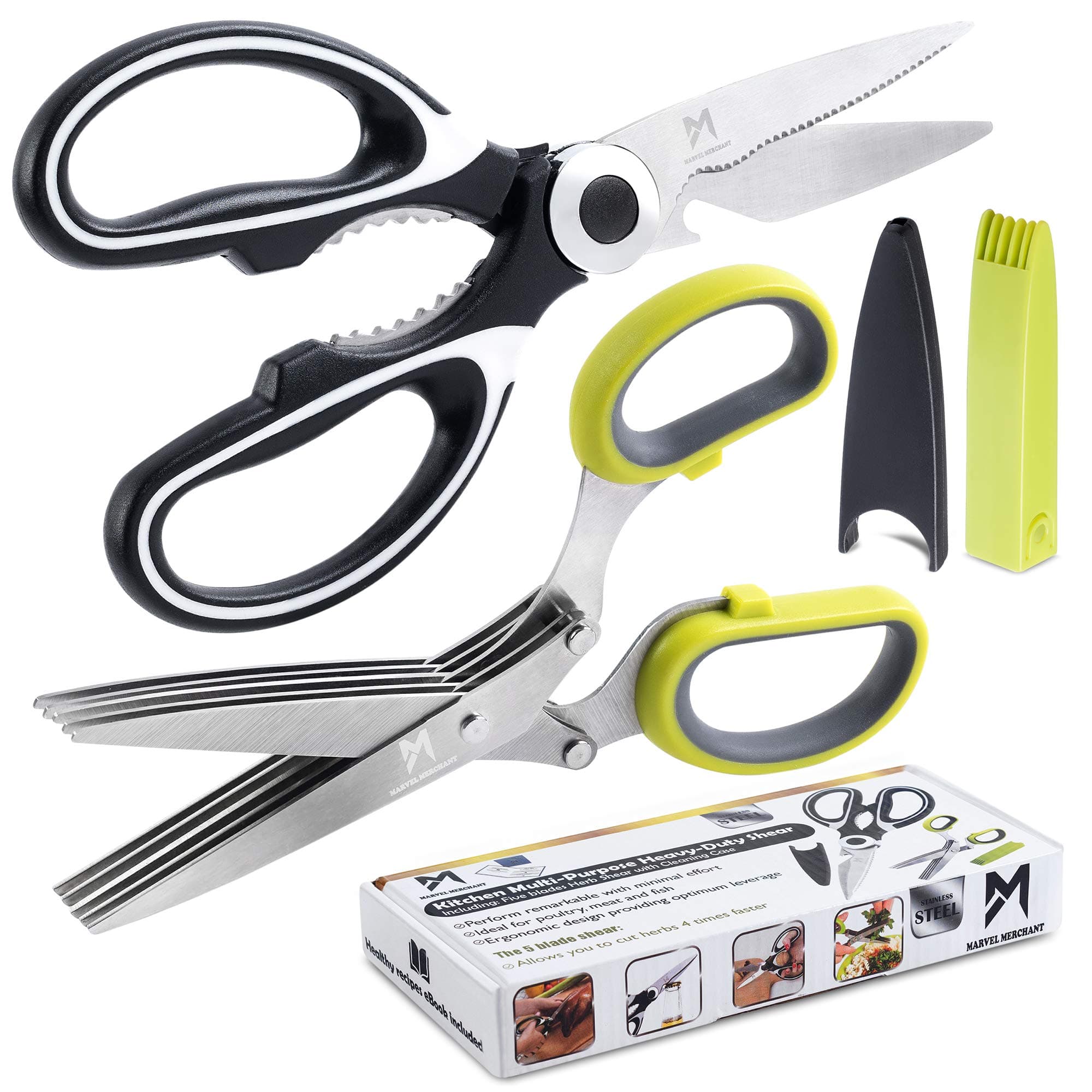 Kitchen Scissors and Herb Scissors by Marvel Merchant | Ultra Sharp Heavy Duty Kitchen Shears with Plastic Covers | Stainless Steel Multi-Function Meat Scissors w/Micro Serrated Large Blades
