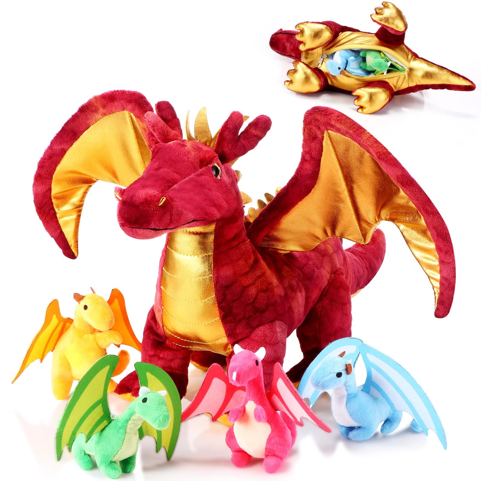 Lenwen 5 Pcs Dragon Plush Toys 16 Inch Stuffed Mommy Dragon Plush with 4 Babies in Zippered Belly for Kids Boys Girls Birthday Gifts Classroom Award Christmas Stocking Stuff