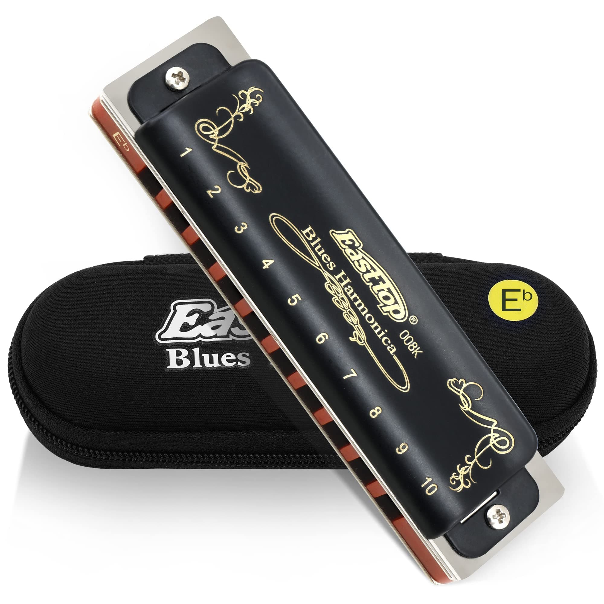East top Diatonic Harmonica Key of Eb 10 Holes 20 Tones 008K Mouth Organ with Black Cover, Top Grade Harmonica for Adults, Professionals and Students