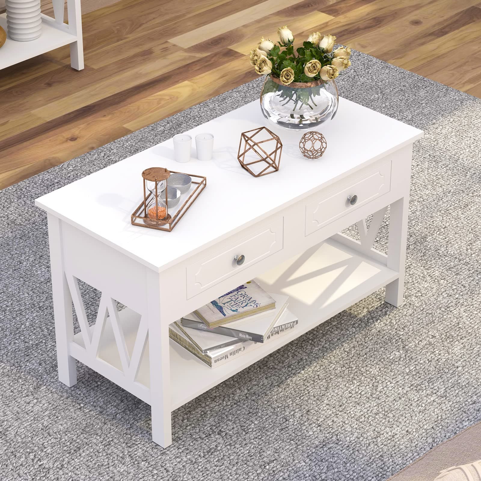 Mepplzian Coffee Table, Living Room Table, with 2 Large Drawers. Legs, Ample Space, Coastal Style, 38x18x18Inch, for Living Room Home Office Wood End Table Cocktail Table Open Shelves
