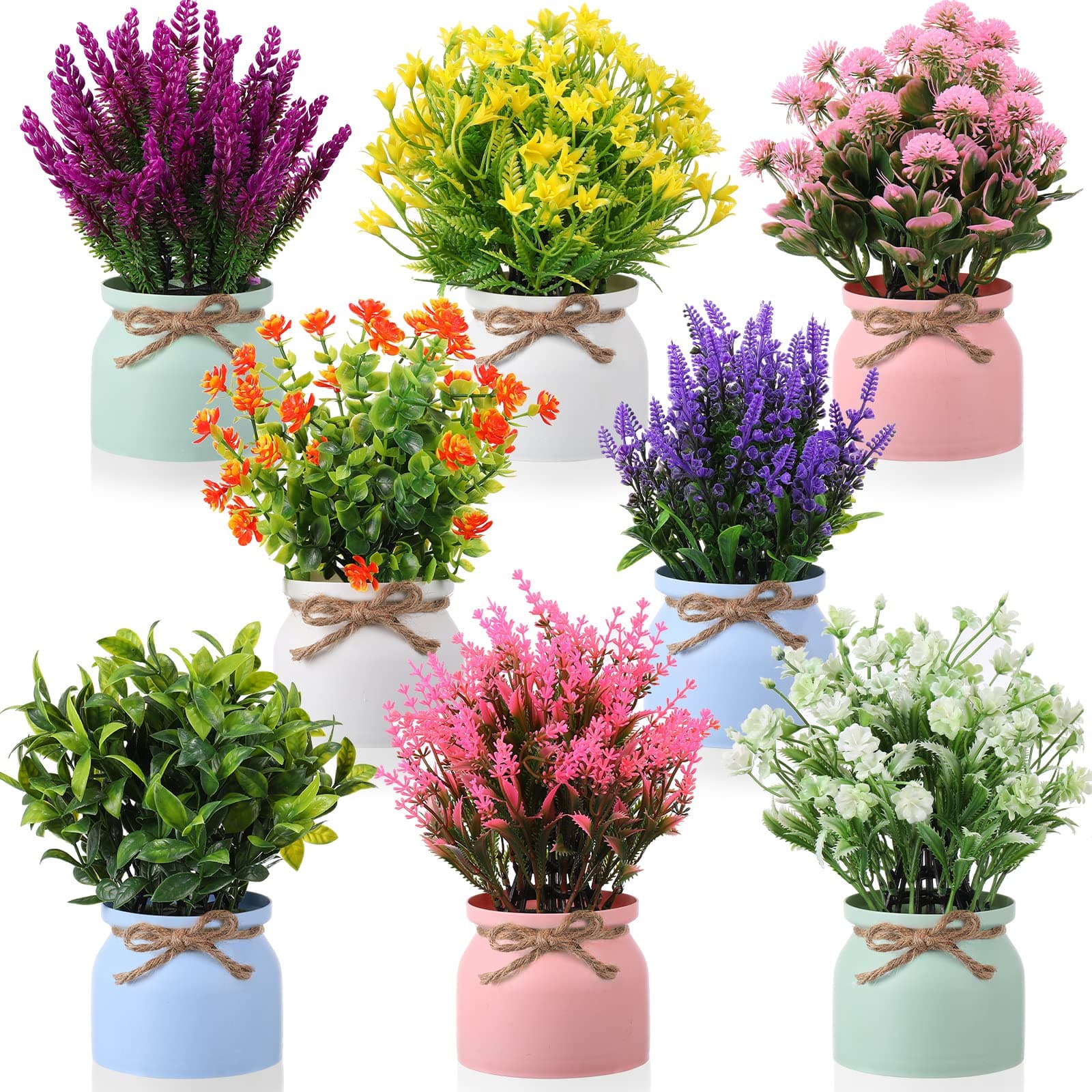 Cindeer 8 Pcs Large Artificial Potted Flowers Fake Potted Plants Plastic Faux Flowers for Home Decor Indoor Artificial Plants in Pots for Wedding Home Desk Tabletop Outdoor Office Kitchen
