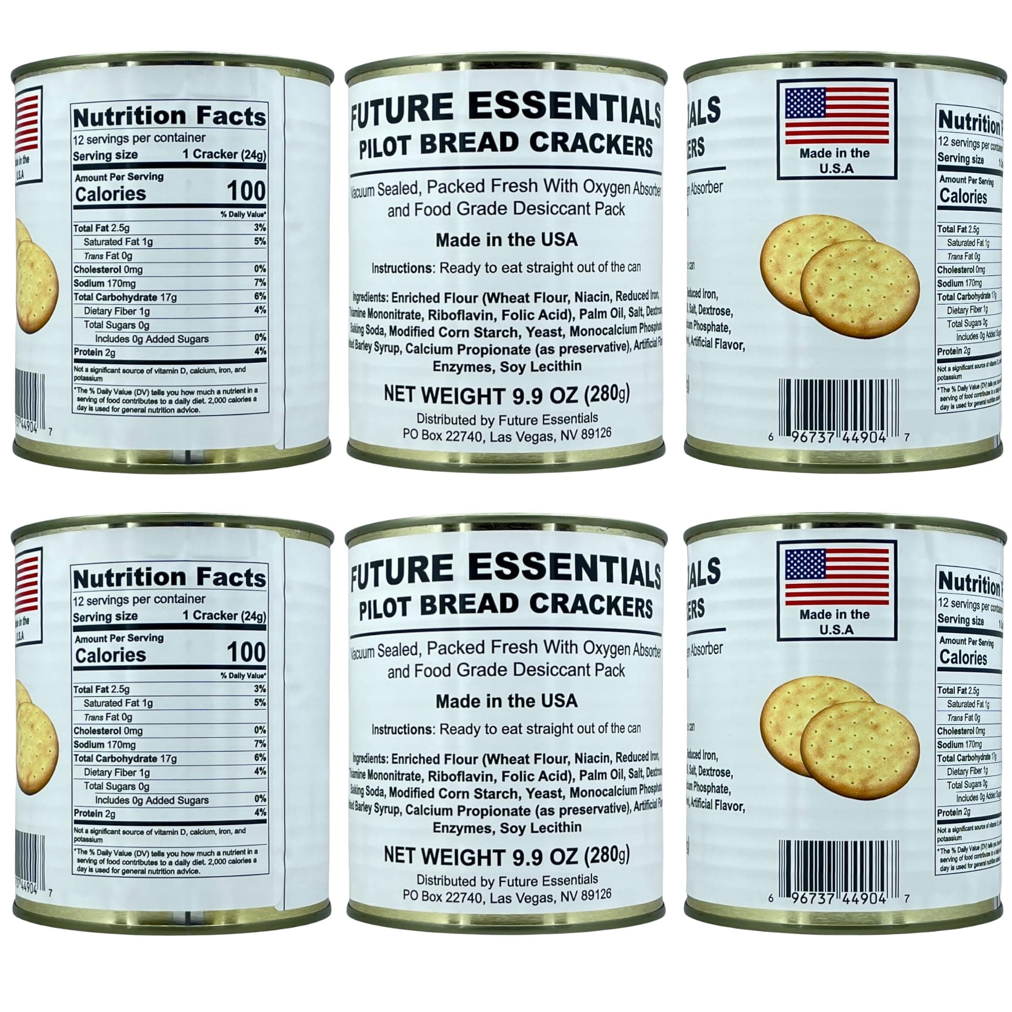 Future Essentials Sailor Pilot Bread Survival Crackers – 30-Year Shelf Life Ready to Eat Hardtack Biscuits in #2.5 Can – Made in the USA Emergency Food Supply – 12 Crackers per Can, Pack of 6