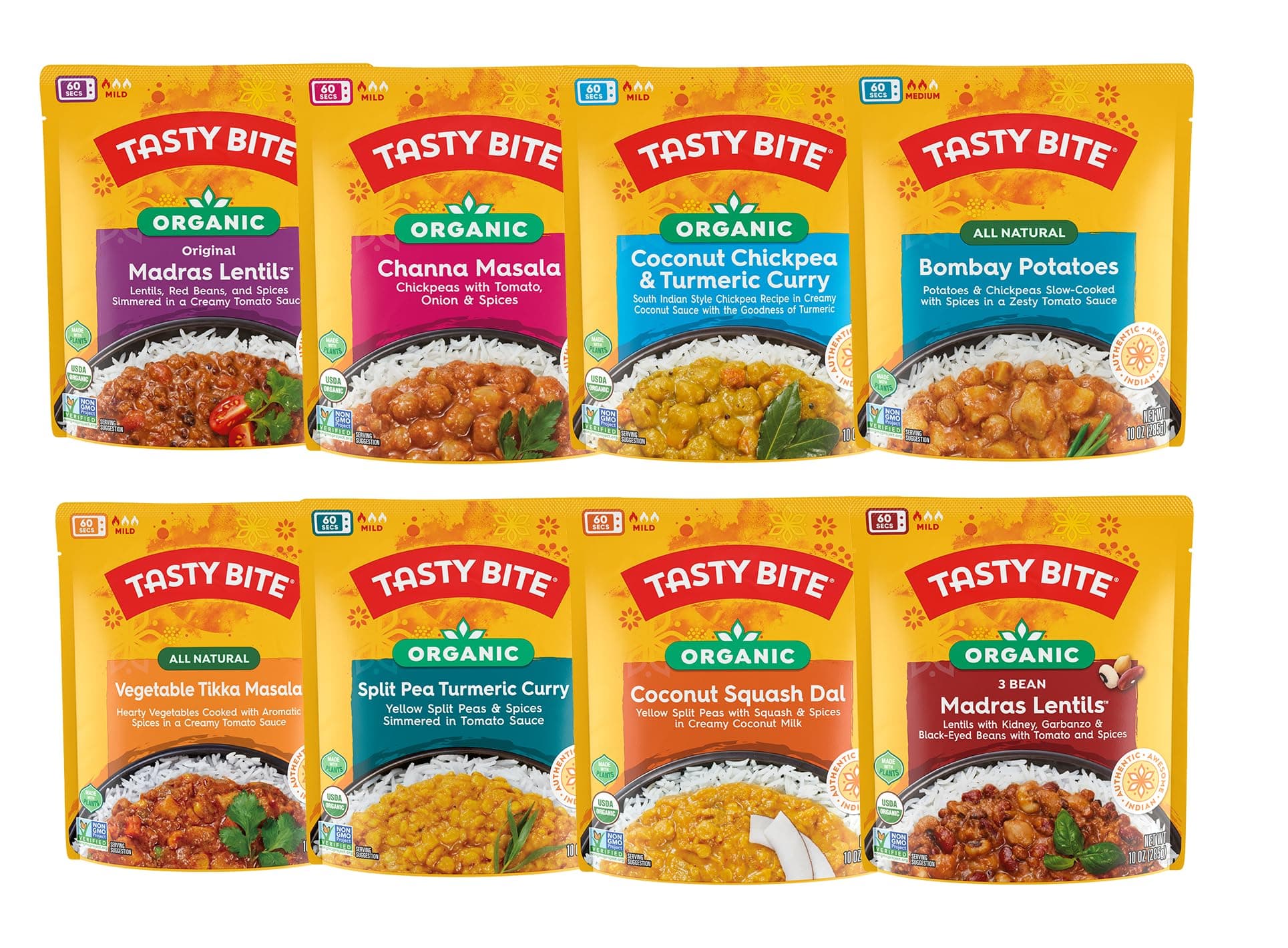 Variety, Pack of 8, Madras Lentils, Bombay Potatoes, Vegetable Tikka Masala, Channa Masala, 3Bean Madras Lentils, Split Pea & Turmeric Curry, Coconut Squash Dal, Chickpea Coconut and Turmeric Curry