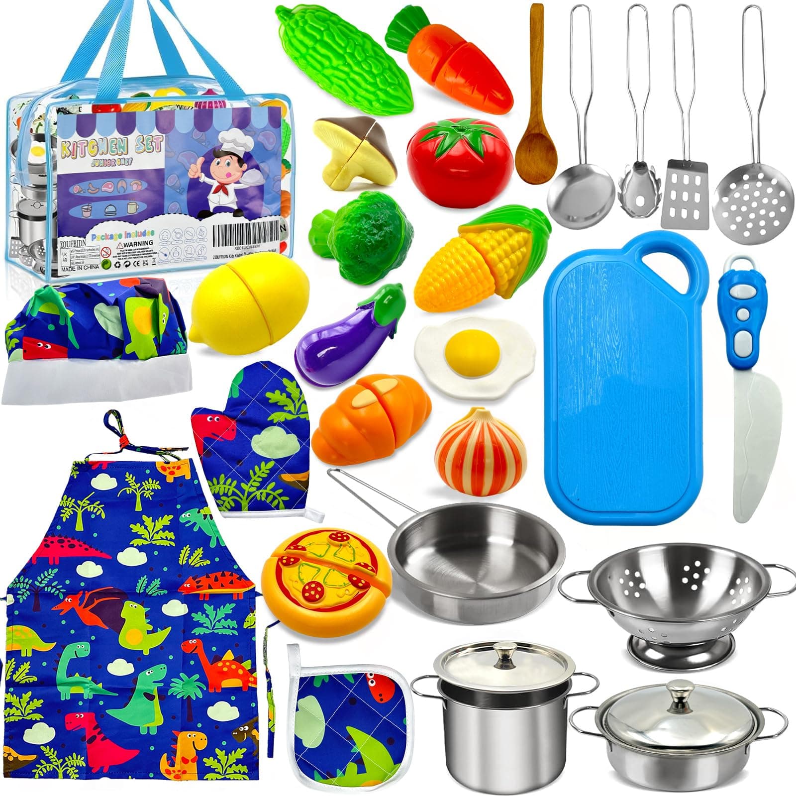 ZOUFRIDN 29Pcs Kids Kitchen Pretend Play Toys Accessories with Stainless Steel Cookware Pots and Pans Set, Cooking Utensils, Apron & Chef Hat, Knife Kitchen Playset Toys Gift for Boys Girls Toddlers
