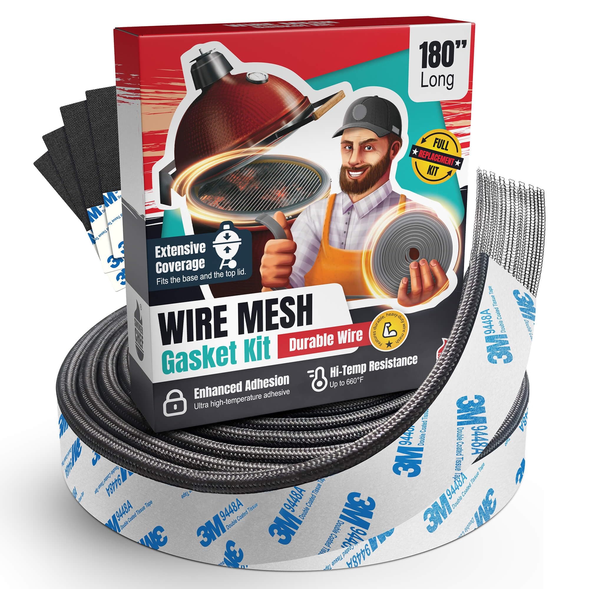 Wire Mesh Gasket Compatible With Kamado Joe - 180" Fiberglass Kamado Joe Gasket Replacement Kit - Fit for Big Green Egg - Kamado Joe Accessories & Replacement Parts - Gasket Seal