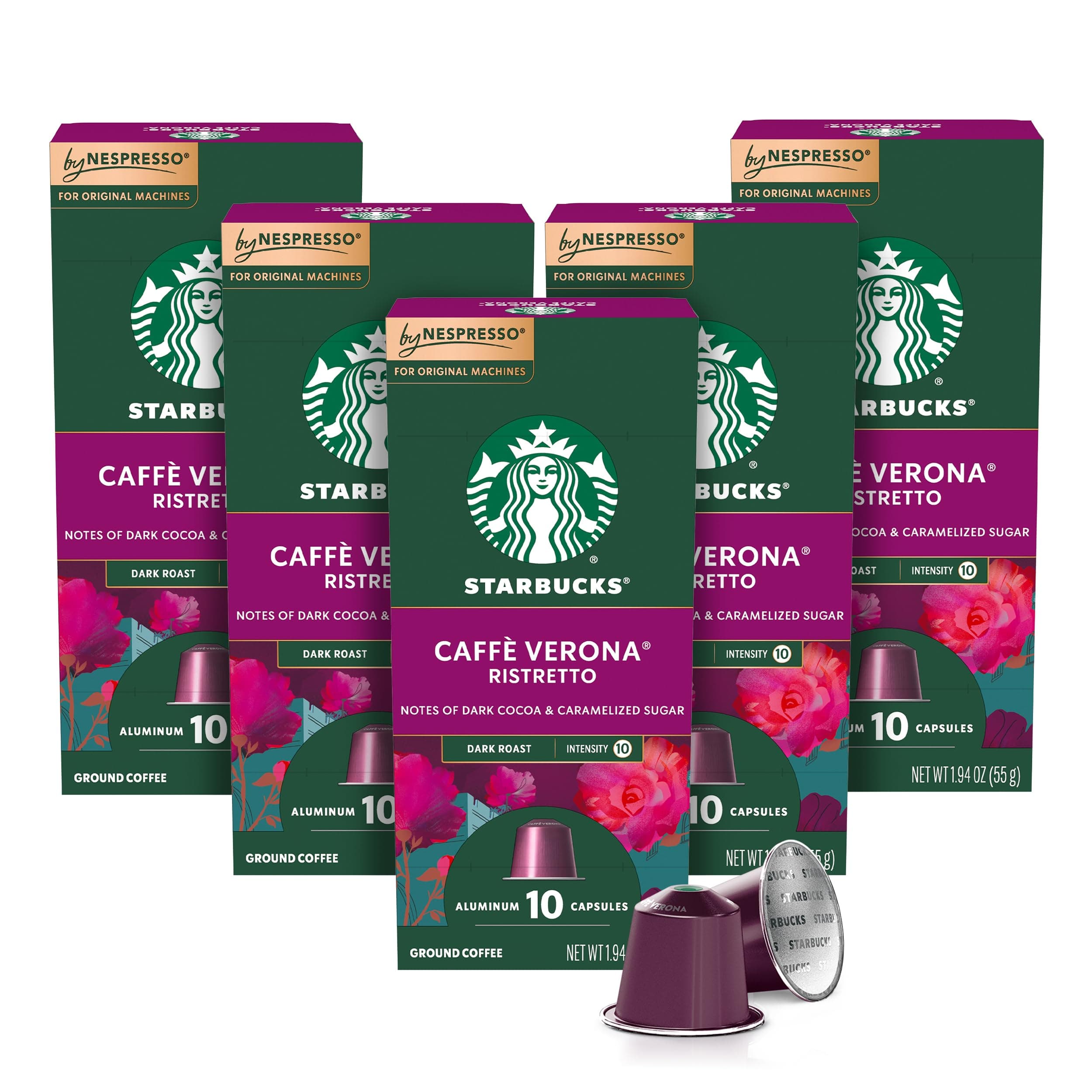 STARBUCKS By Nespresso, Caffè Verona (50-Count Single Serve Capsules, Compatible With Nespresso Original Line System), Box