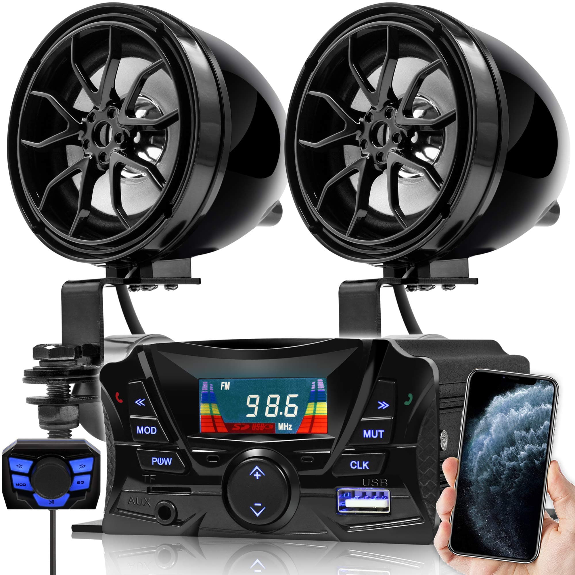 GoHawk Motorcycle Speakers Bluetooth, Waterproof Speakers and Amplifier Audio Sound System, Weatherproof, FM Radio, Volume Control, ATV UTV w/AUX in, USB, Micro SD