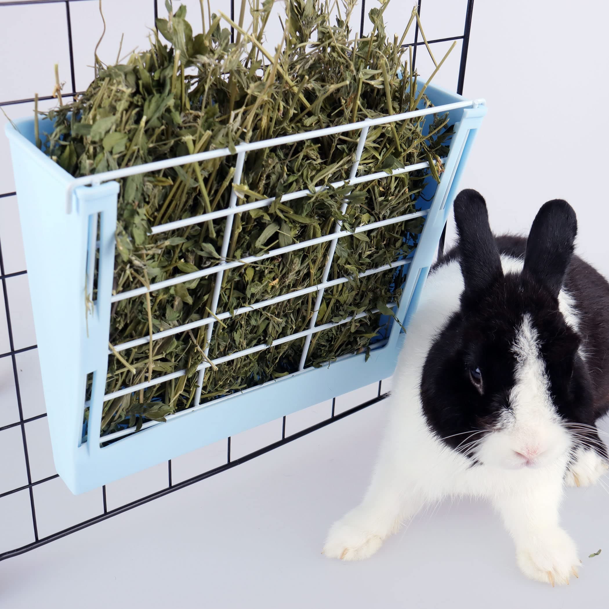 RUBYHOMEHay Feeder for Rabbits, Guinea Pigs, and Chinchillas - Minimize Waste and Mess with 9 1/4" x 3 3/4" x 8" Hanging Alfalfa and Timothy Hay Dispenser (Blue)