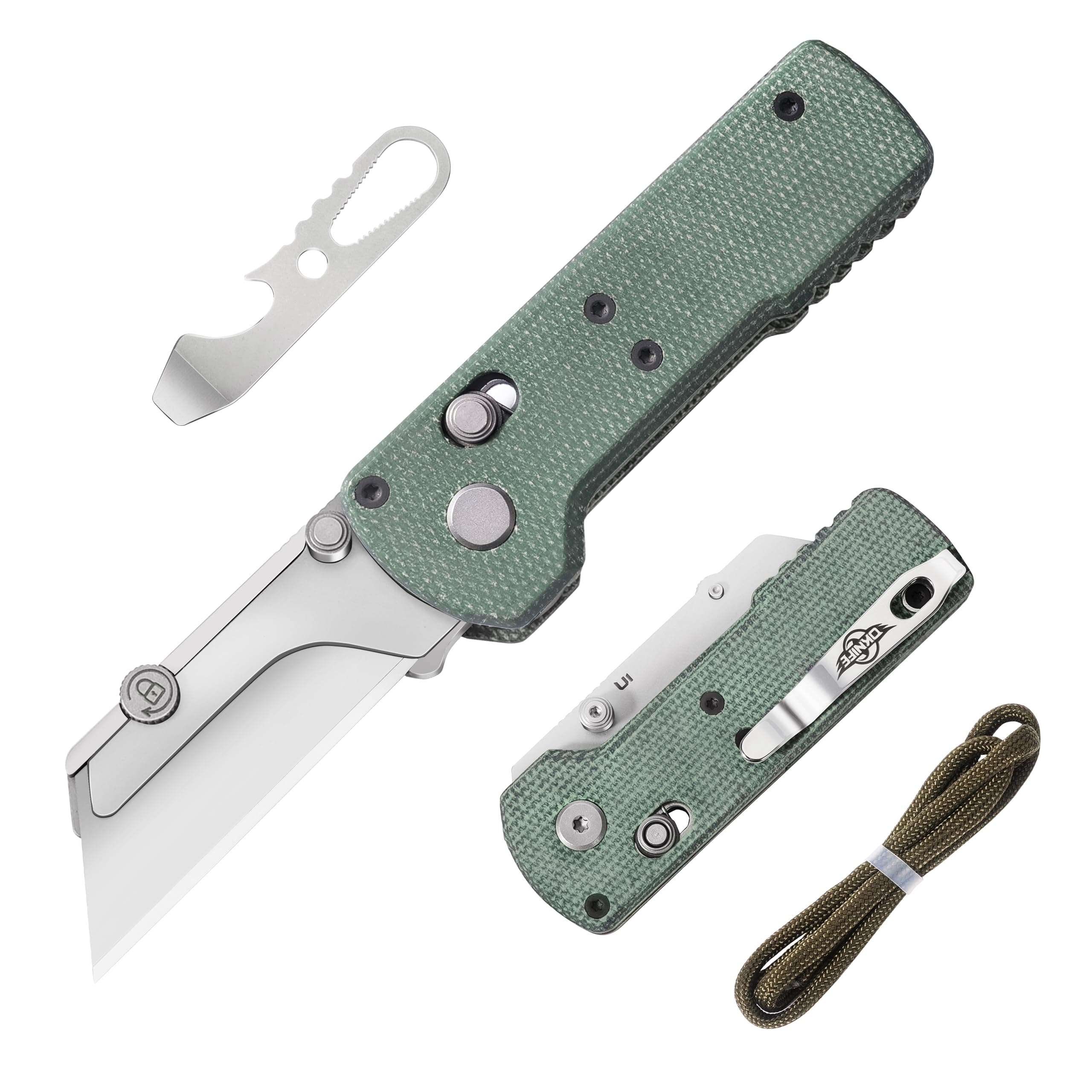 Otacle U1 Folding Utility Knife, Quick Change Box Cutter with Rail Lock, EDC Razor Knife with Pocket Clip for Office, Factory (Green Micarta)