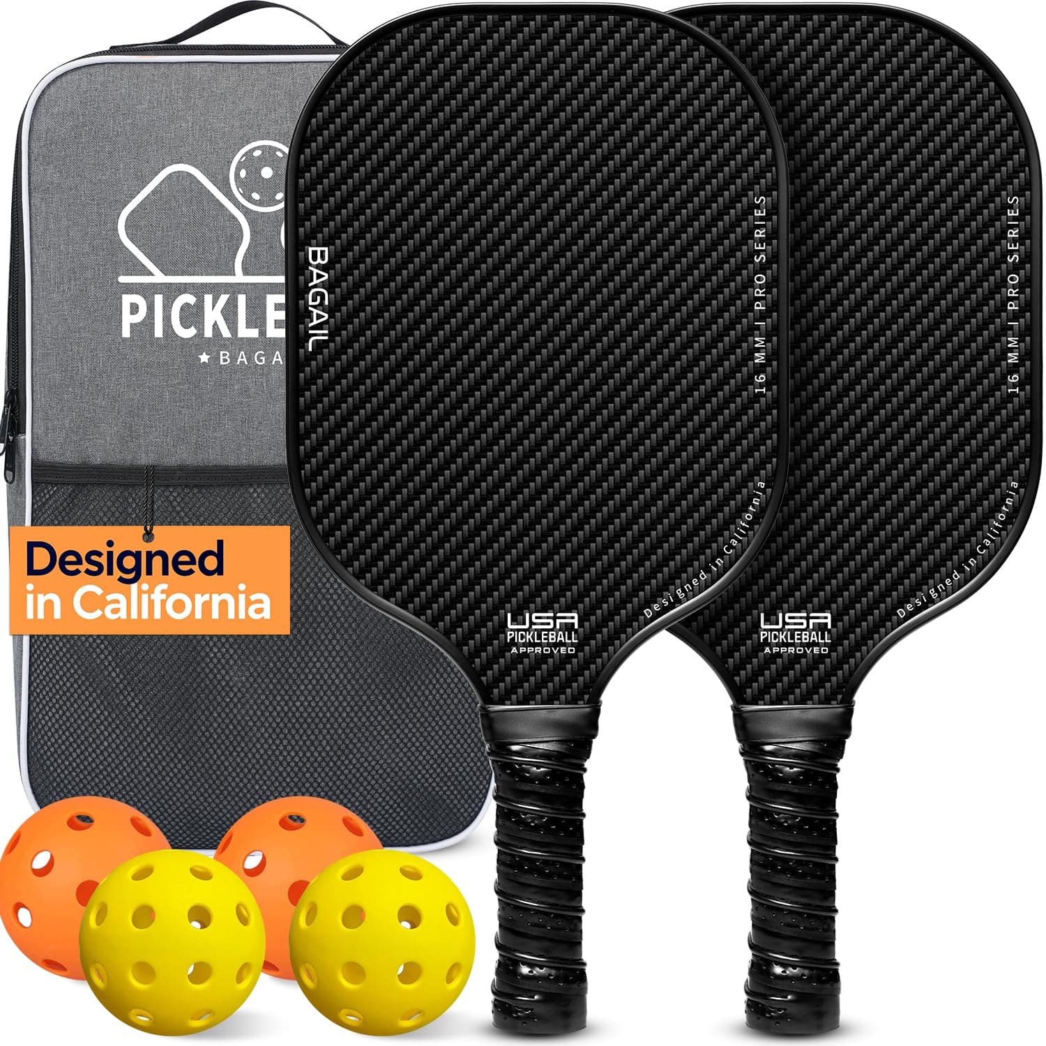 Pickleball Paddles, USAPA Approved Fiberglass Surface Pickleball Set, Lightweight Pickle Ball Rackets with 4 Balls, 1 Bag, Designed in California for Traction and Stability