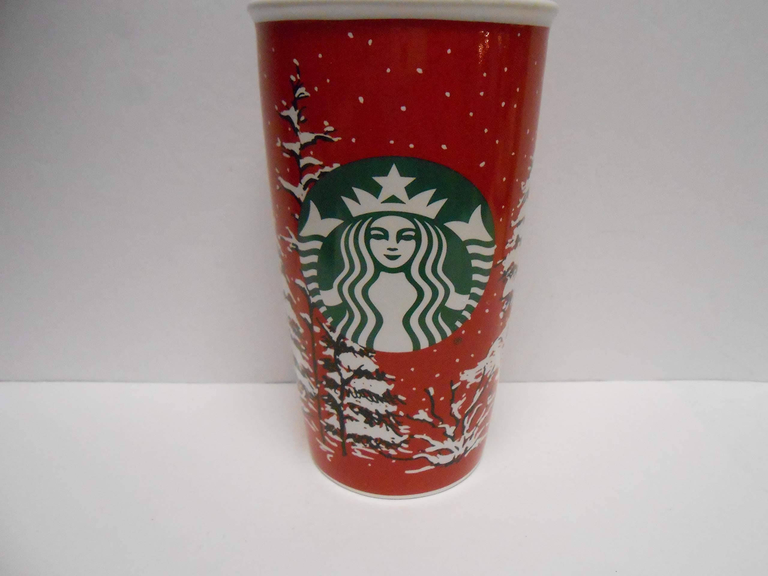 Starbucks Double Wall Travel Mug, Red With Christmas Trees 12 oz.