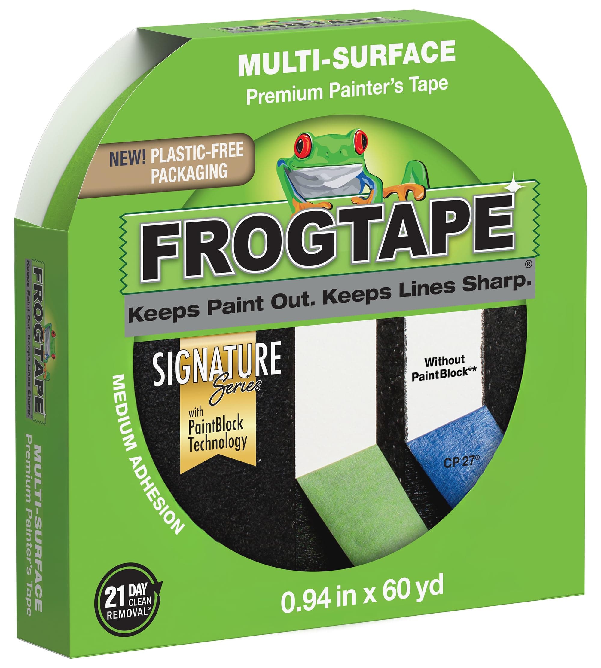 FrogTape Multi-Surface Painters Tape with PAINTBLOCK, 1 Inch Wide (0.94 In. x 60 Yds), Medium Adhesion, Green, 1 Roll (1358463)
