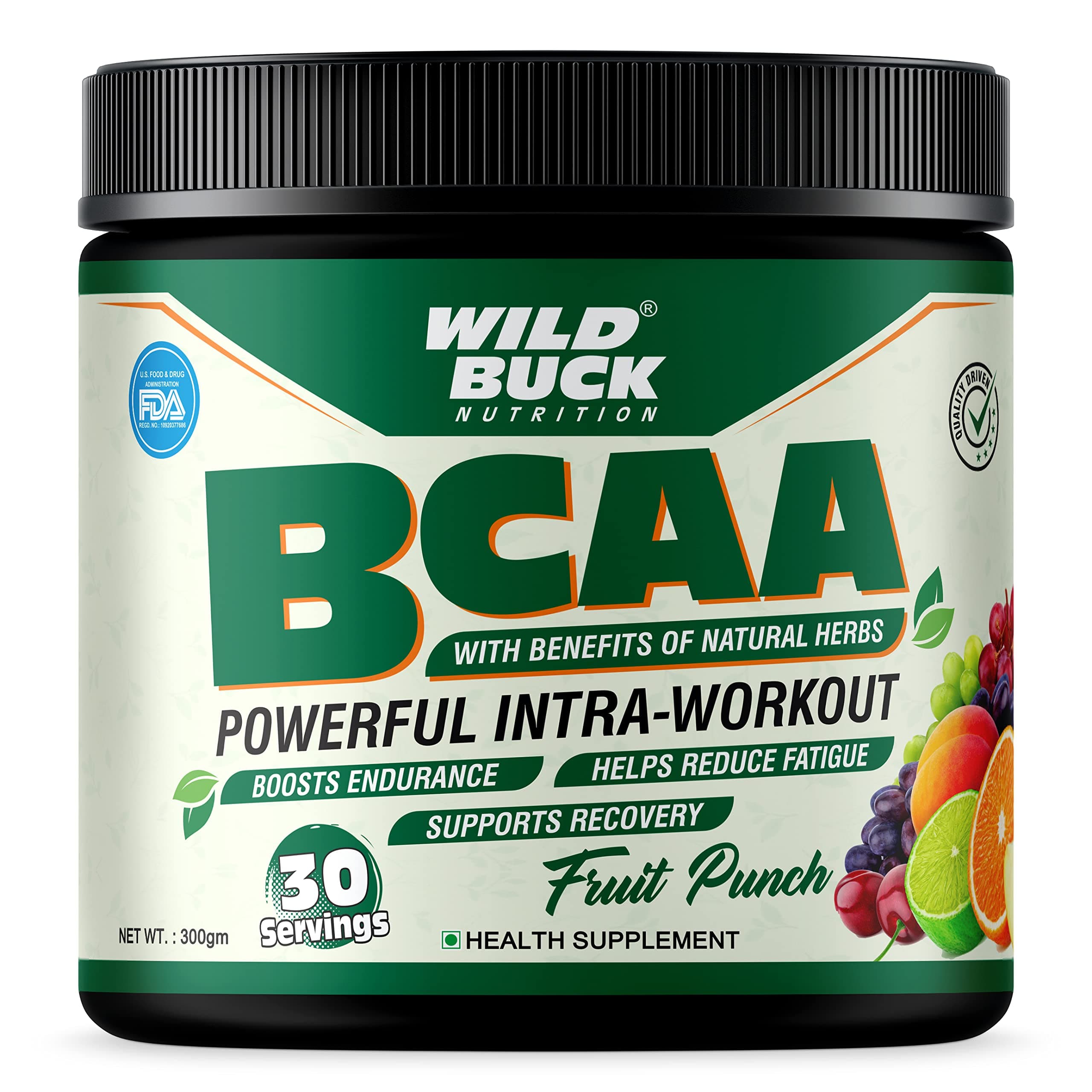 WILD BUCK Bcaa Powder With Natural&Powerful Herbs For Muscle Endurance,Muscle Growth,Recovery&Hydration|Pre,Intra&Post Workout Bcaas Supplement For Women&Men [Fruit Punch,30 Servings,300 grams]