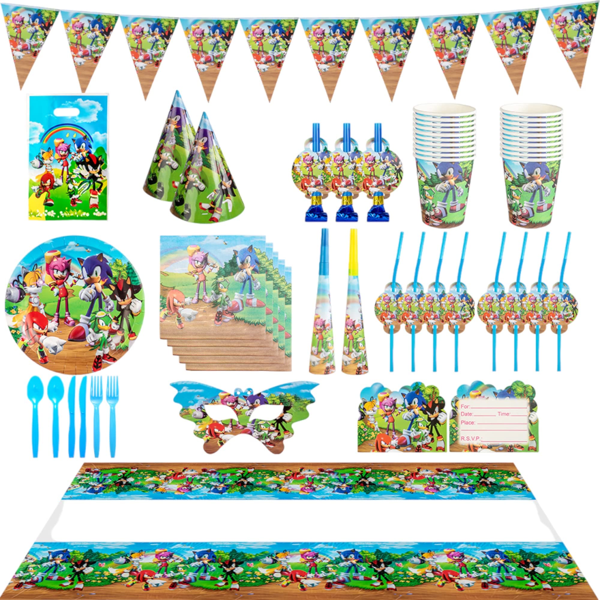 HIGHLAND 142 Pcs Sonic Birthday Decorations – Sonic Birthday Tableware Set - Sonic the Hedgehog Birthday Plates Cups Hats Gift Bags Banner Table Cloth – Sonic Theme Birthday Party Supplies