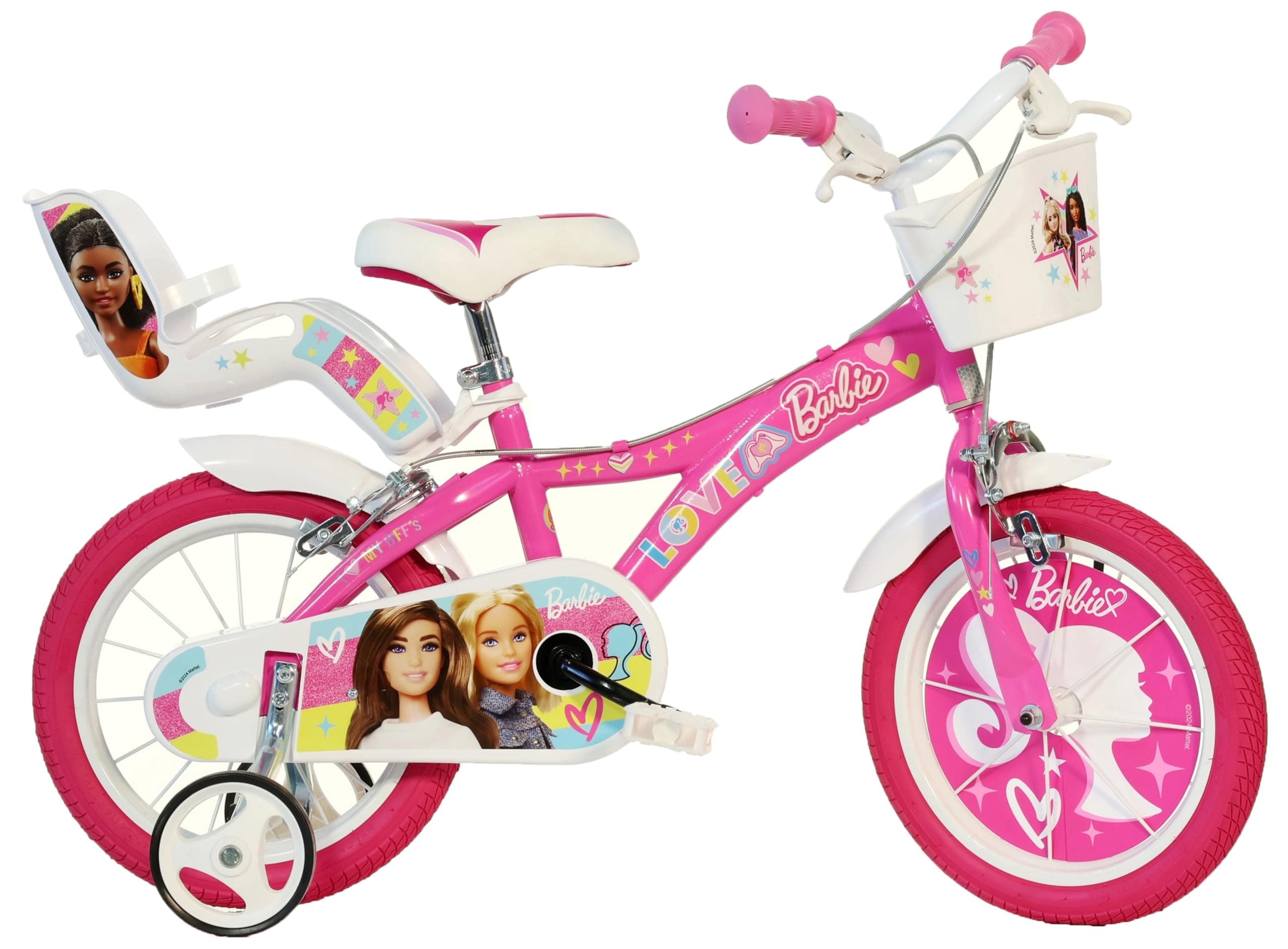 Dino Bikes 16-Inch Barbie Bicycle with Stabilisers, Doll Carrier and Basket, ‎Pink and White recommended age from 36 months - 7 years