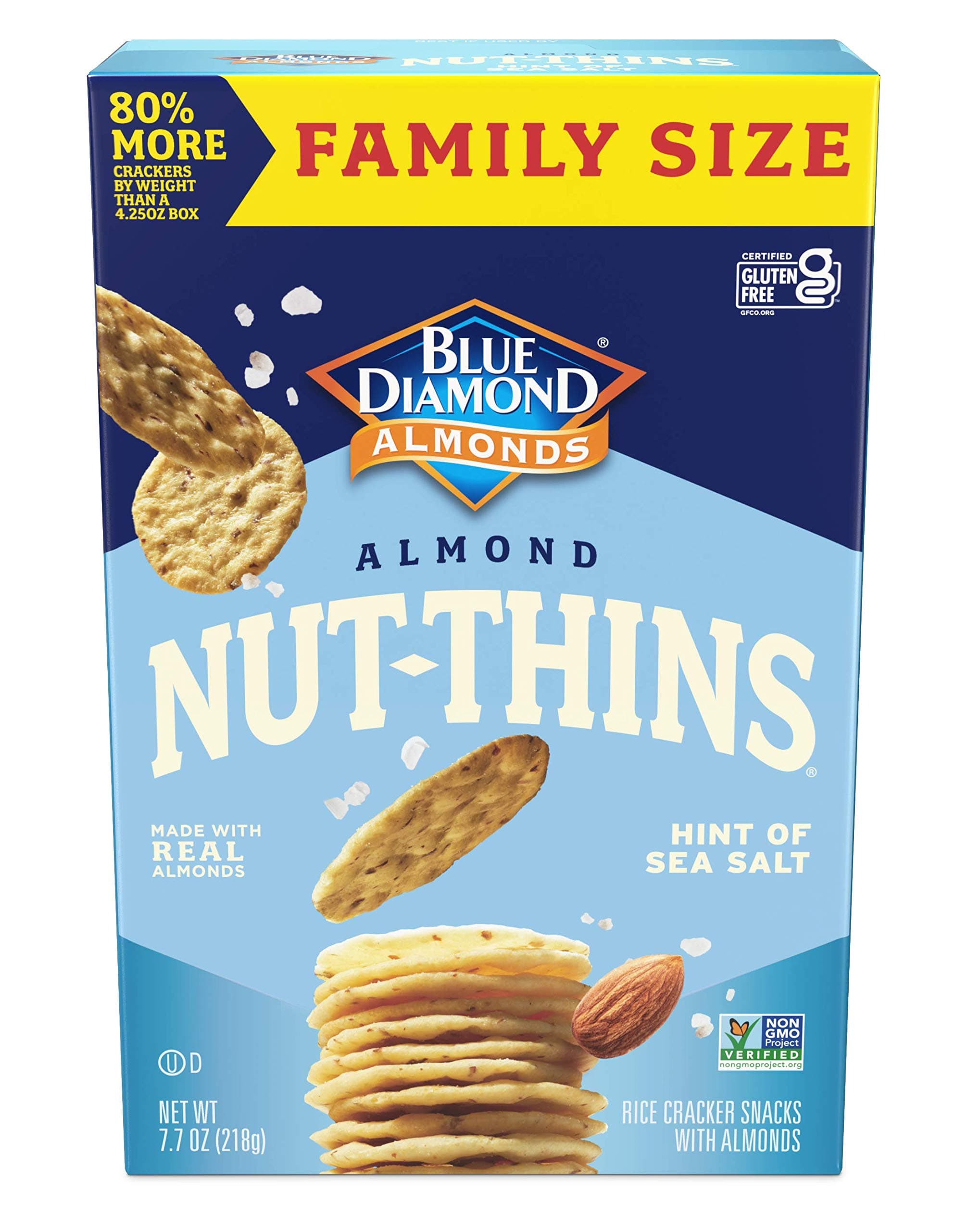 Blue Diamond Almonds Nut-Thins Gluten Free Cracker Crisps, Hint Of Sea Salt, Family Size, Sea Salt, 7.7 oz (Pack of 1)
