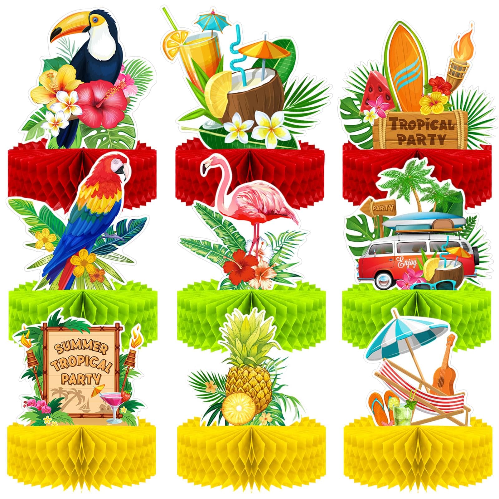 Waydress9 Pcs Hawaiian Luau Party Decorations Margaritaville Tropical Centerpieces for Tables 6.9 x 8.5 Inches Hawaiian Honeycomb Centerpieces for Luau Summer Themed Tiki Party Supplies