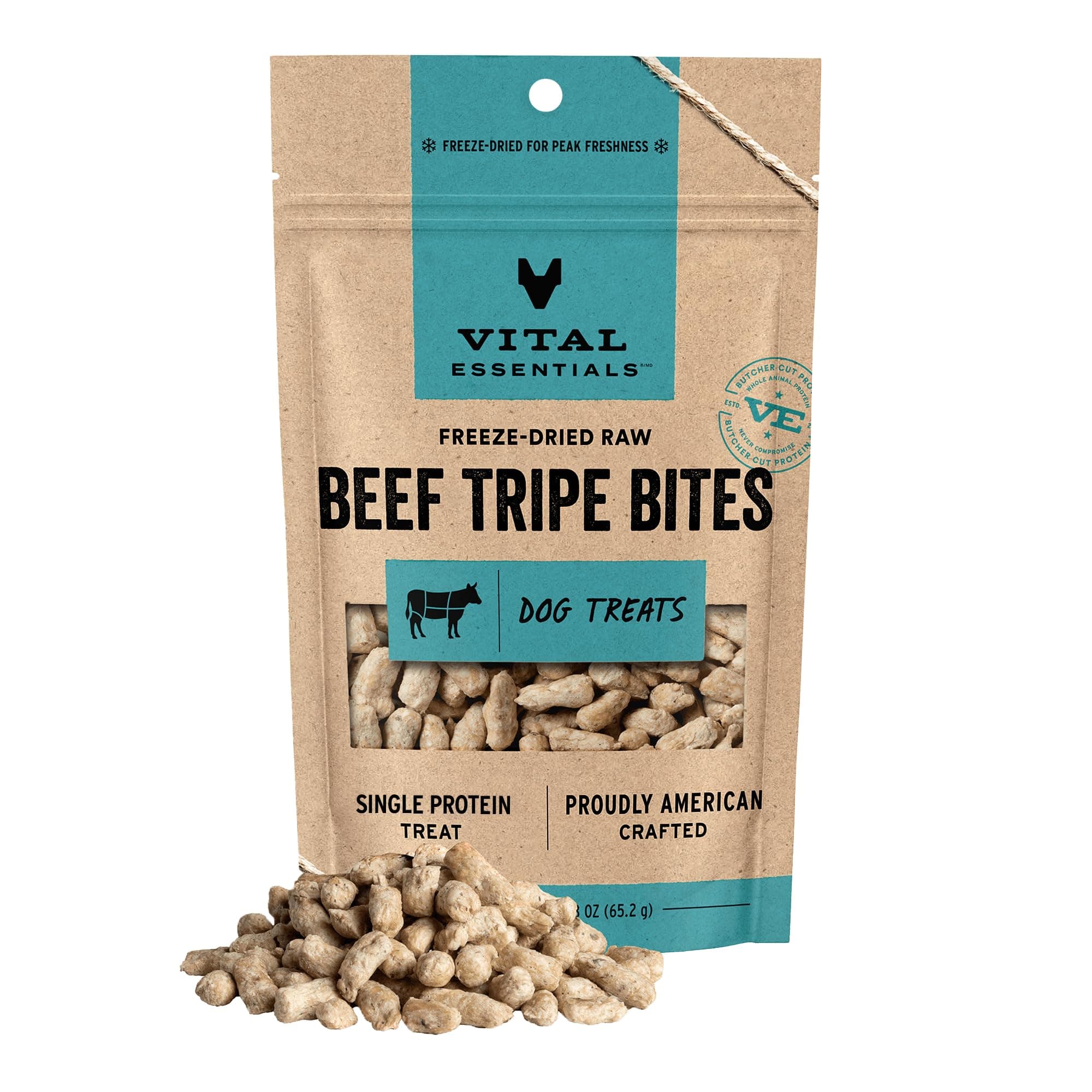Vital Essentials Freeze Dried Dog Treats | Beef Tripe Bites, Single Protein | Premium Quality | Grain Free Training Treats for Dogs, 2.3 oz Bag