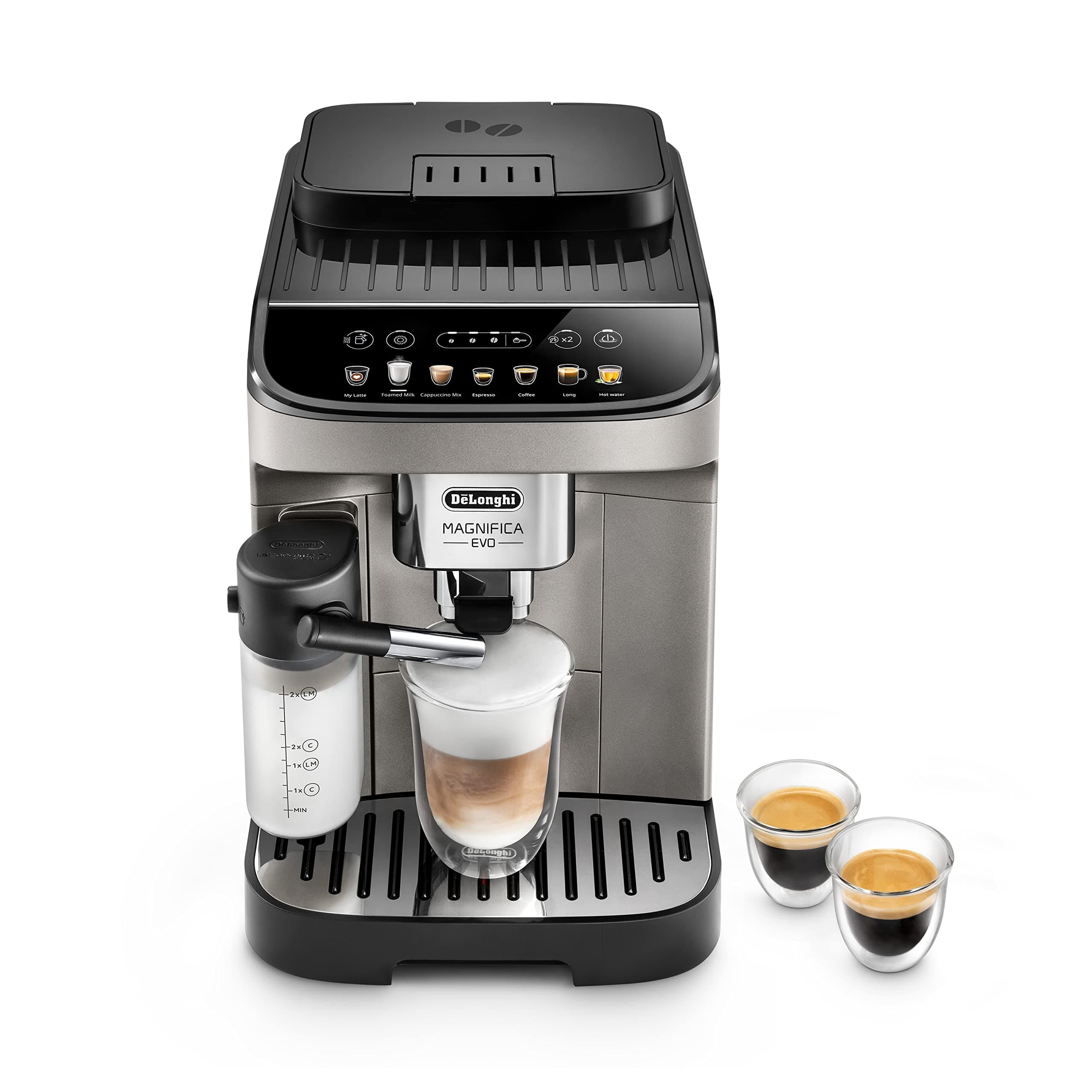 Magnifica Evo ECAM290.83.TB, Fully Automatic Coffee Machine with Milk Frother, Compact Size Bean to Cup Machine, LatteCrema Hot System, 7 Recipes, Soft Touch Colored Display, Black
