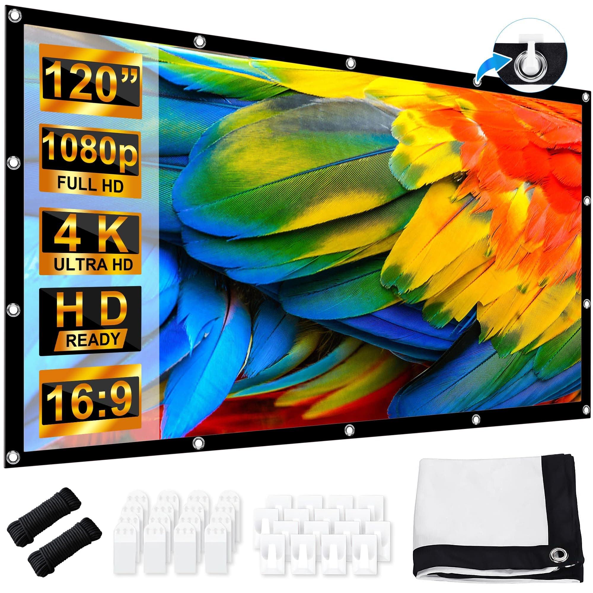 Projector Screen 120 Inch 16: 9 HD, Portable Foldable Anti-Wrinkle Projection Screen 275 x 156 cm, Double-Sided Projection, Projector Screen for Camping and Home Cinema