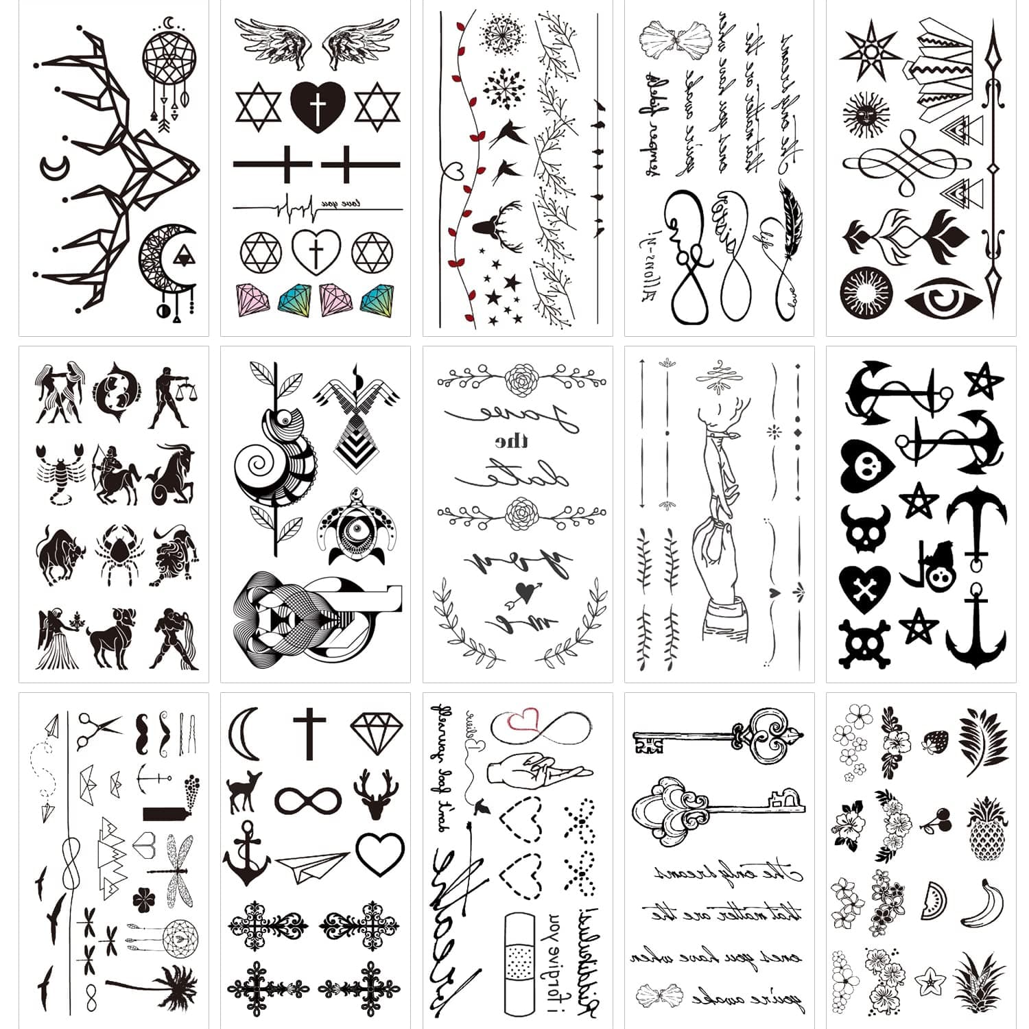 Fake Tiny Temporary Tattoo, 20 Pack Black Sketch Ink Line Small Tattoos Stickers, Various Styles for Fun Party Supplies Vacation on Body Face Hand Wrist