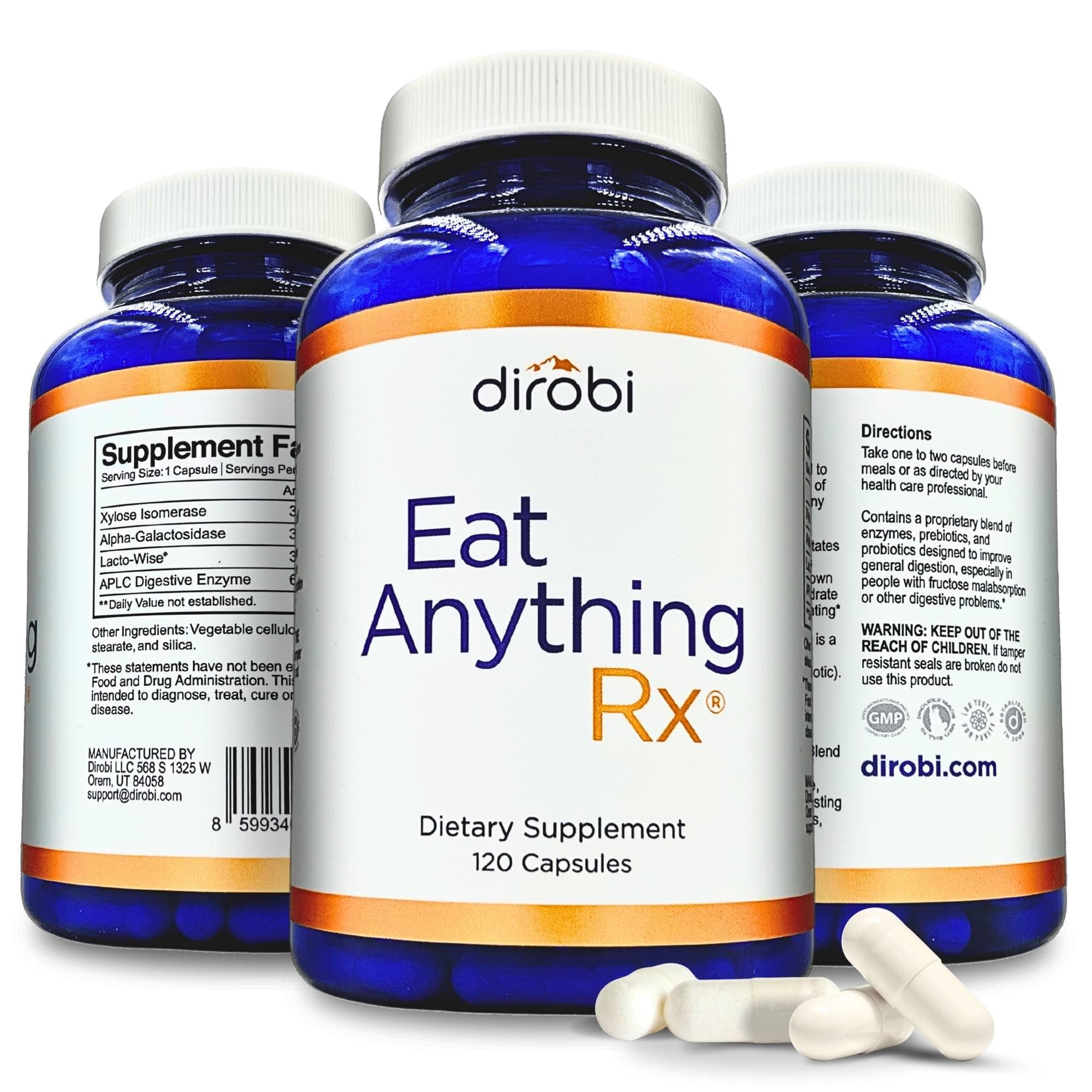 Dirobi Eat Anything Xylose Isomerase Fructose Malabsorption Enzymes, FODMAP Supplement, Digestive Enzymes for Better Lactose, Fat, Protein & Carbohydrate Digestion Gas & Bloating Relief 120 Capsules