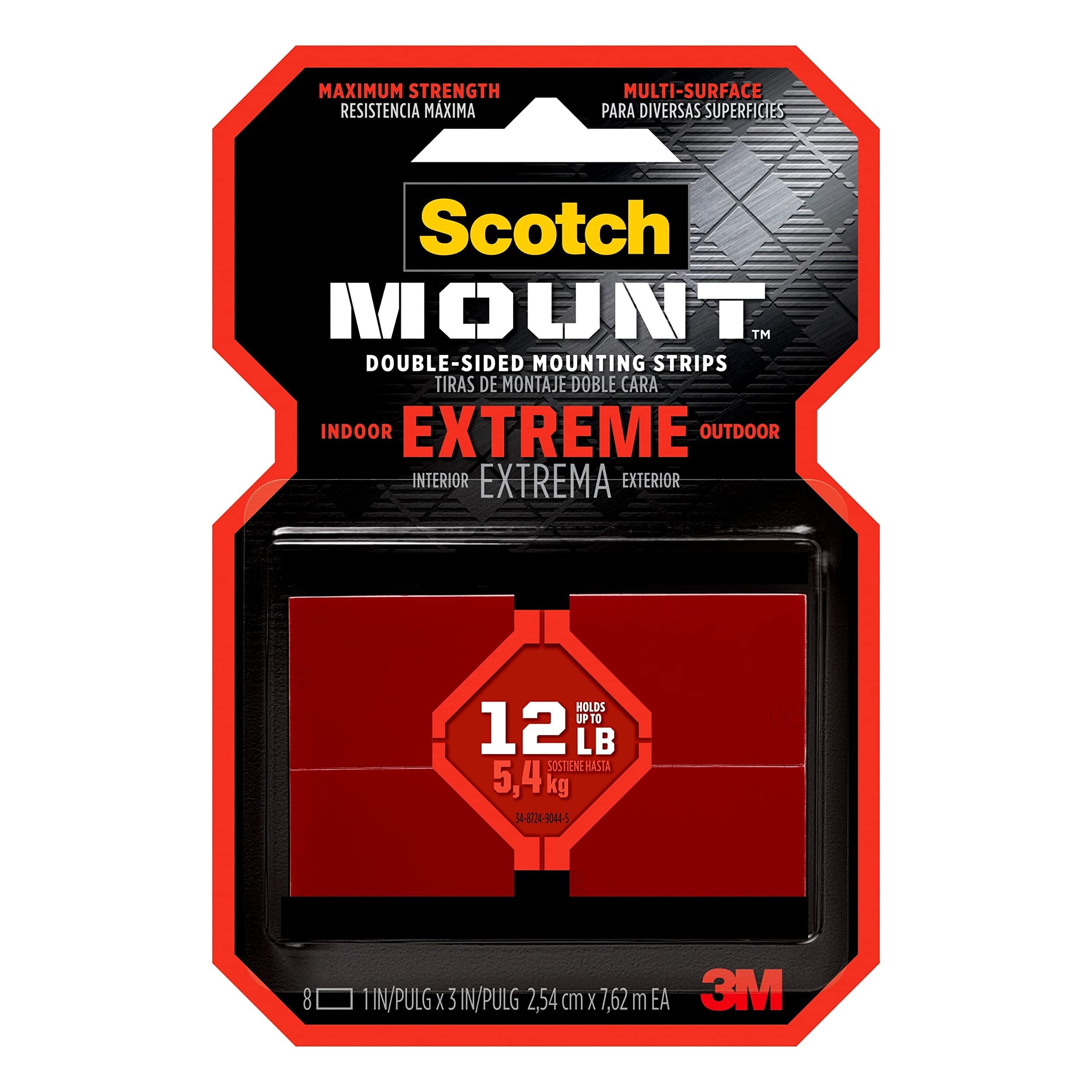 Scotch Extreme Mounting Strips, Double-Sided Heavy Duty Tape, 8 Strips, 1 in x 3 in, Use Instead of Nails or Screws, Works on Painted surfaces, Metals, Acrylic, Hard Plastics and More (414H-ST)
