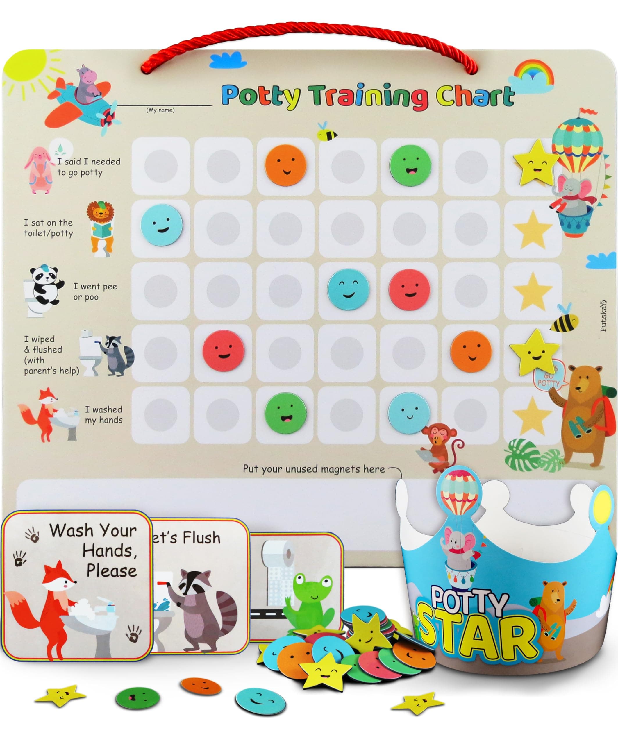 Potty Training Reward Chart with 35 Progress Stickers and 3 Reminder Stickers – Bathroom Routine Tracker – Zoo Animal Theme