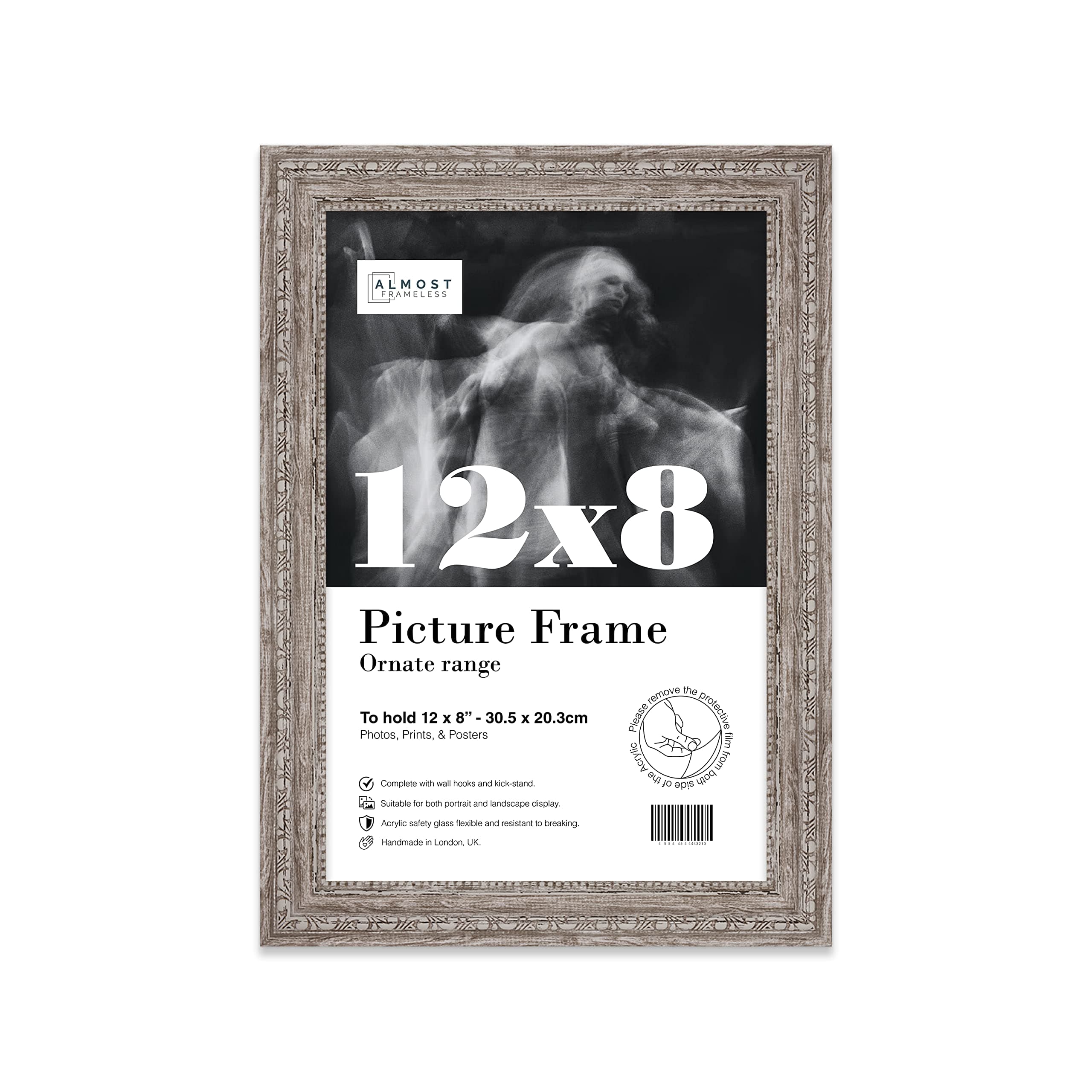 Almost Frameless 12x8 Walnut Ornate Picture Frame 12"x8"(30.5x20.3cm) Poster, Photo, Artwork, or Print. Antique Style Portrait and Landscape Display with Wall Hooks
