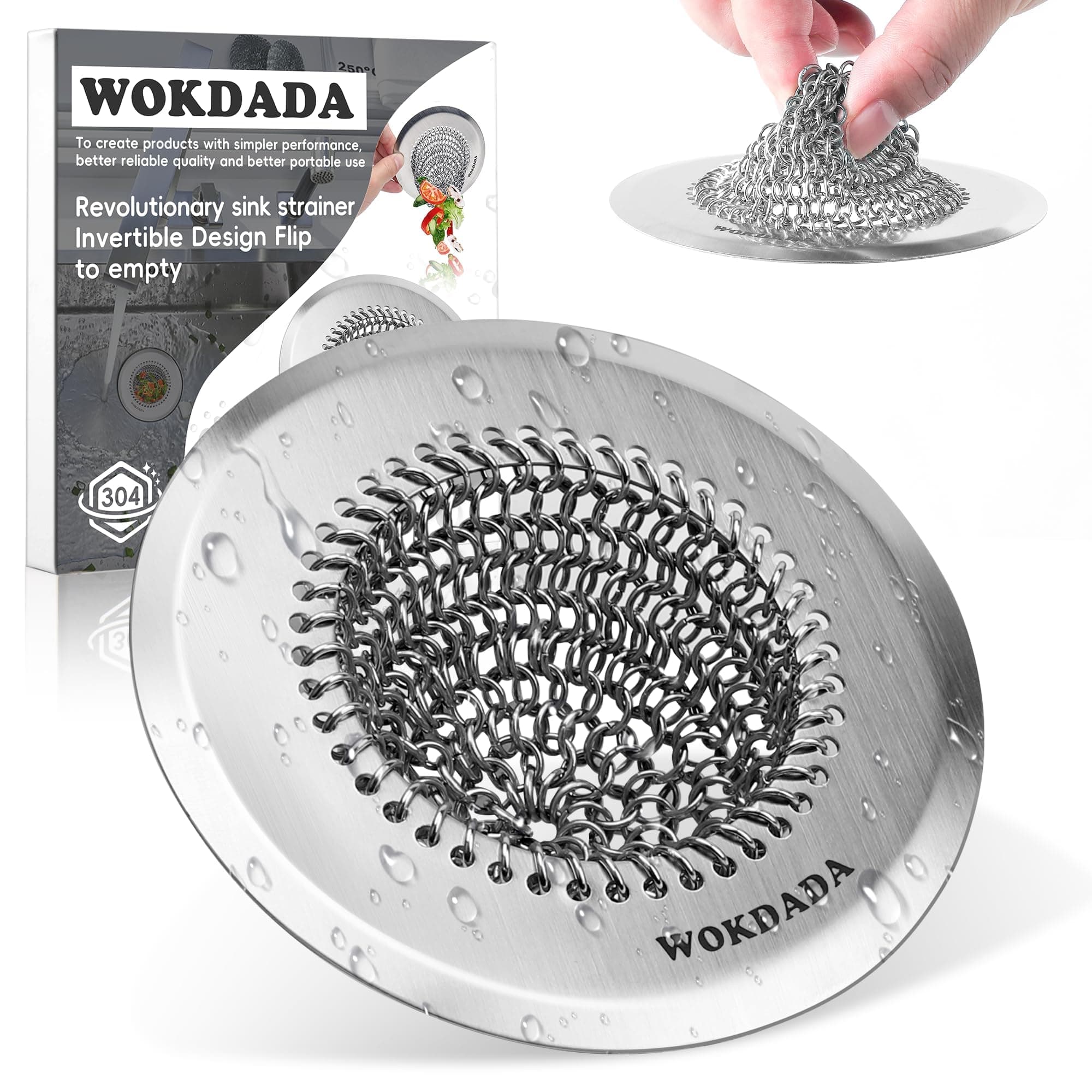 Revolutionary Kitchen Sink Drain Strainer/Patented Reversible Chain Mesh, Effortless Cleaning & Debris Catcher, Large Capacity, No Clog, 304 Stainless Steel & Rust-Proof/Handmade
