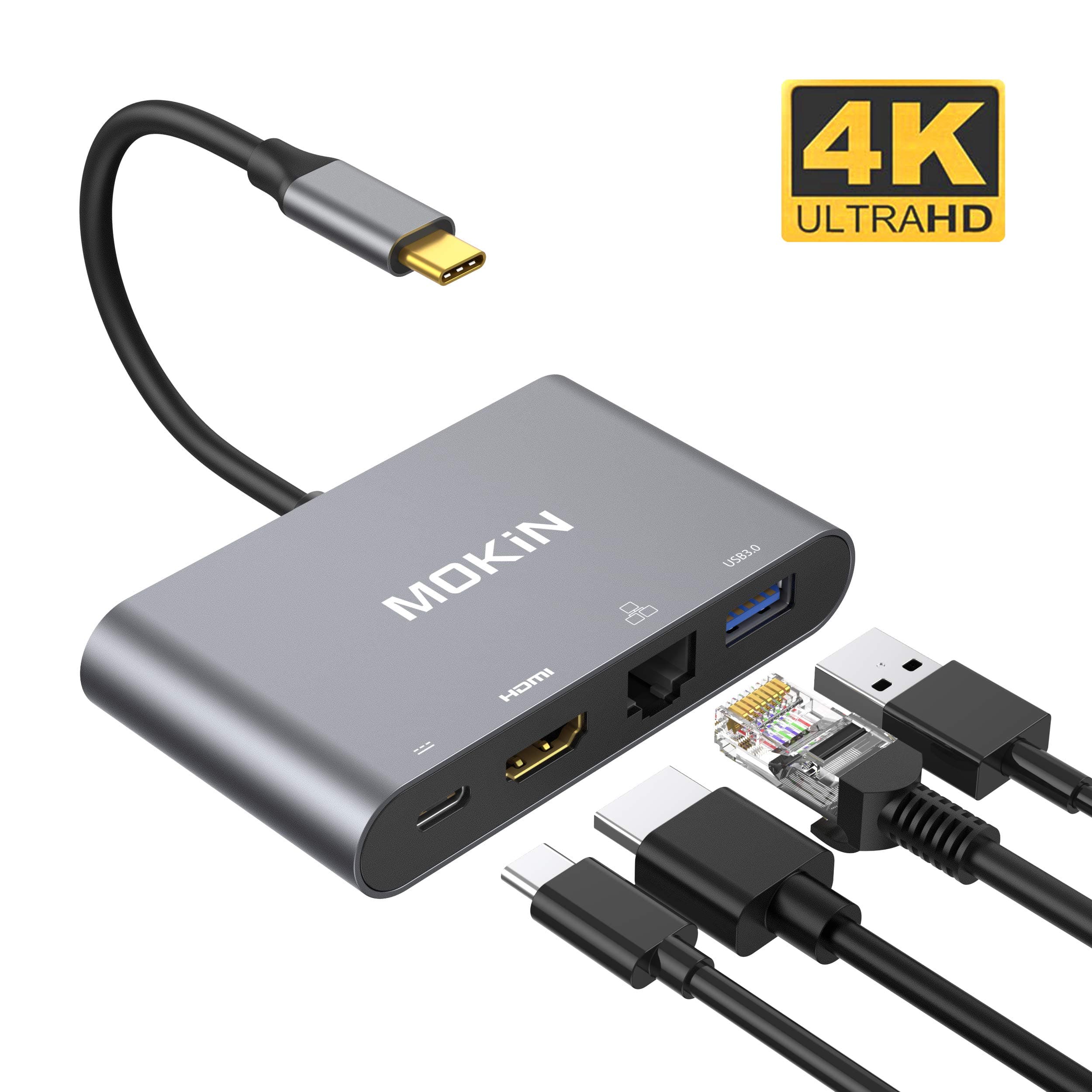 USB C to HDMI Adapter, MOKiN 4 in 1 4K Type C Adapter with USB 3.0 Port, Gigabit Ethernet and 100W PD Charging Port for MacBook Pro 2019 2018 2017, MacBook Air 2018, Samsung Huawei and More