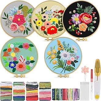 TINDTOP 5 Sets Embroidery Kit for Adults, Floral Embroidery Practice Kit for ...