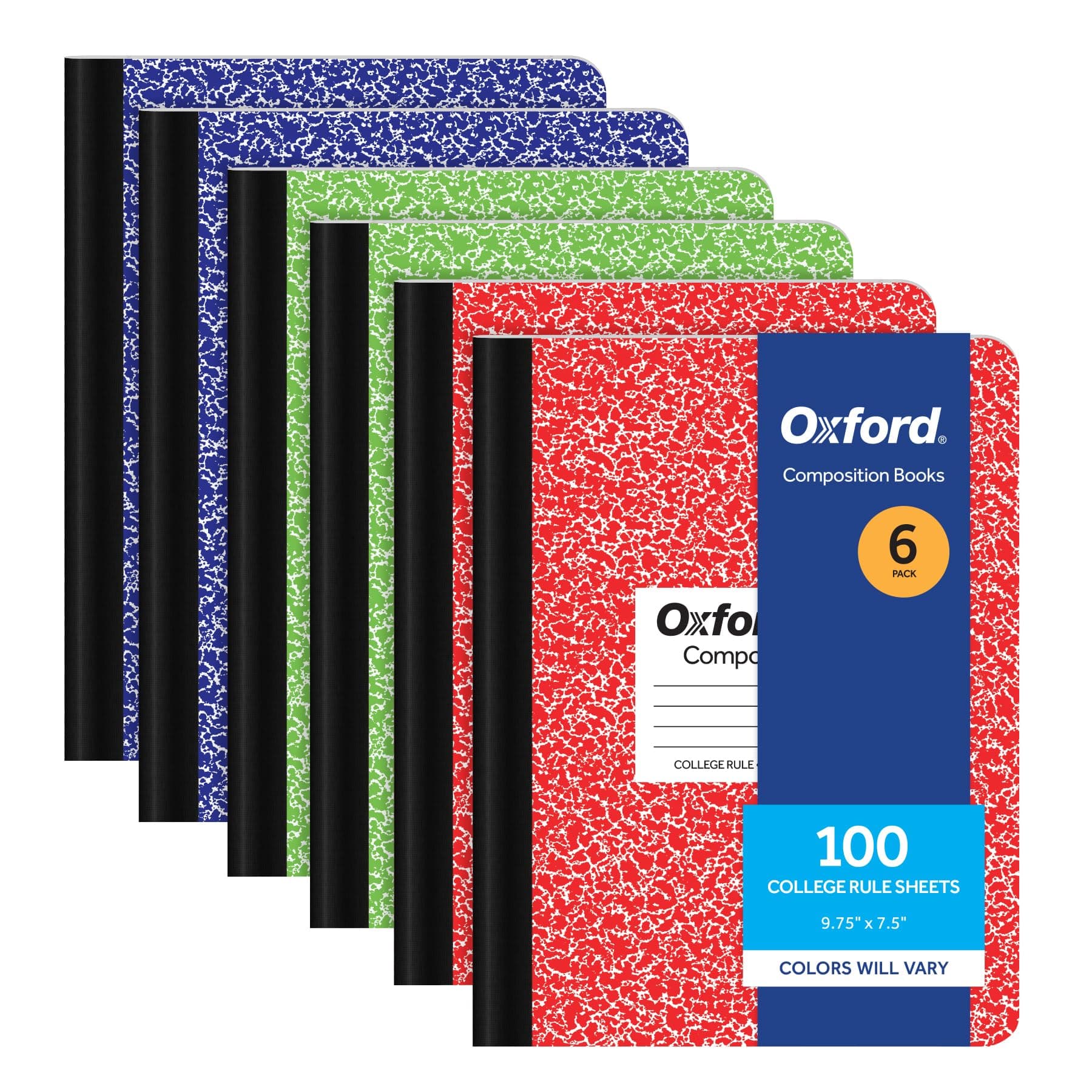 Oxford Composition Notebook 6 Pack, College Ruled Paper, 9-3/4 x 7-1/2 Inches, 100 Sheets, Assorted Marble Covers. 2 Each: Blue, Green, Red (63763)