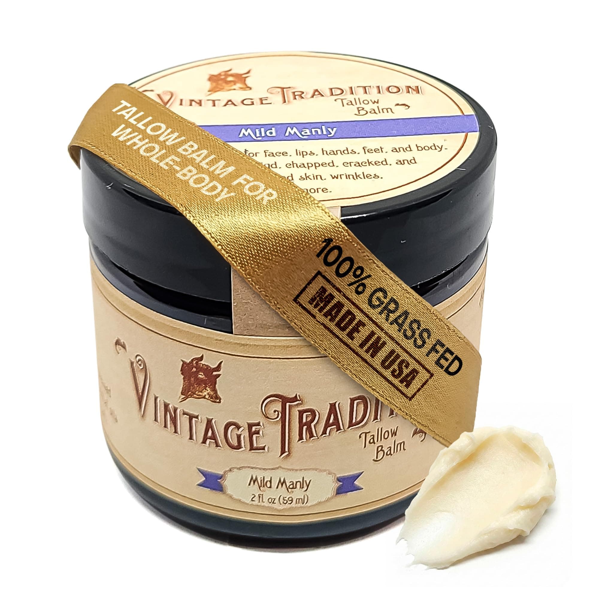 Vintage Tradition Beef Tallow All Purpose Balm – Healing, Hydrating Men’s Skin Care Salve Replaces Body Lotion, Hand Cream, More – Essential Oil, Olive Oil, and Grass-Fed Tallow, 2 fl. oz.