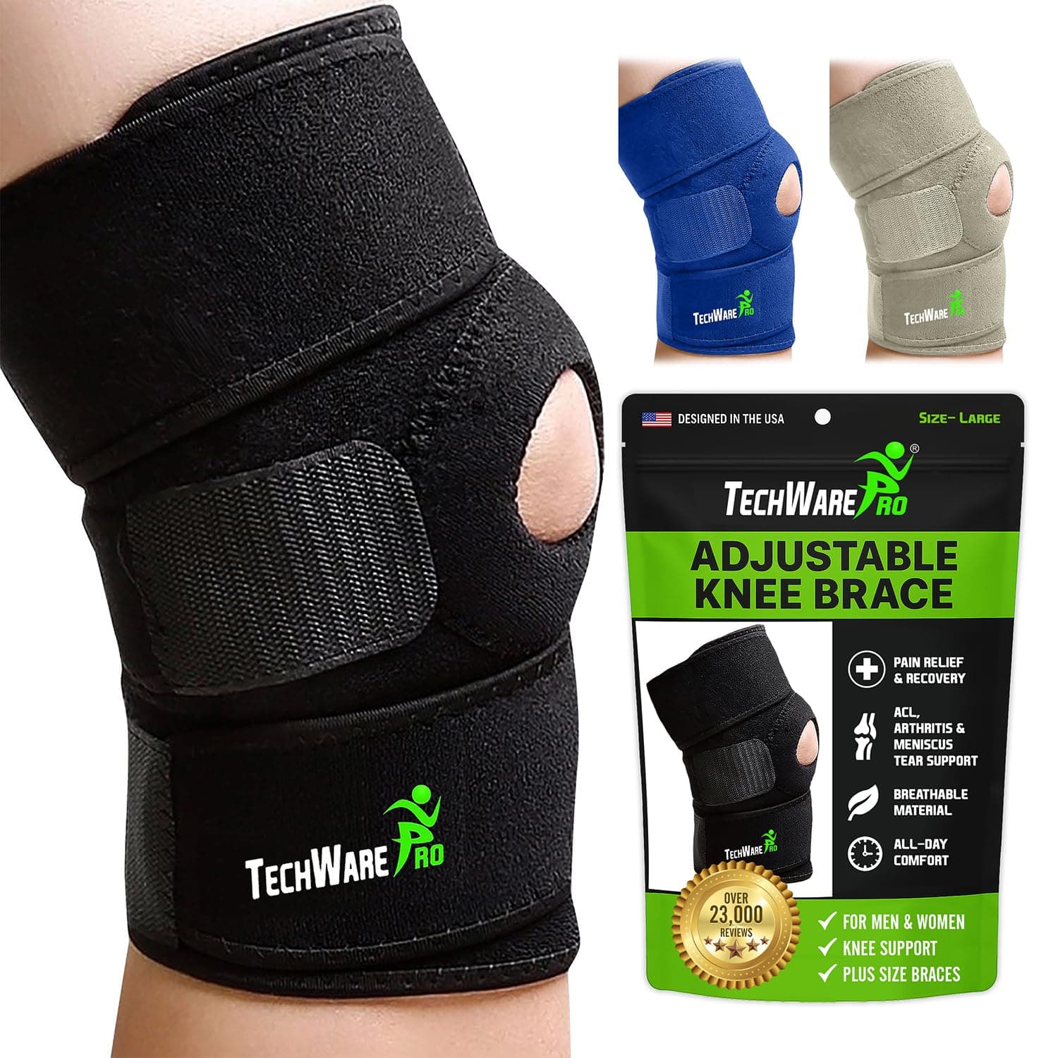 TechWare Pro Knee Brace Support - Relieves ACL, LCL, MCL, Meniscus Tear, Arthritis, Tendonitis Pain. Open Patella Dual Stabilizers Non Slip Comfort Neoprene. Adjustable Bi-Directional Straps - XLarge