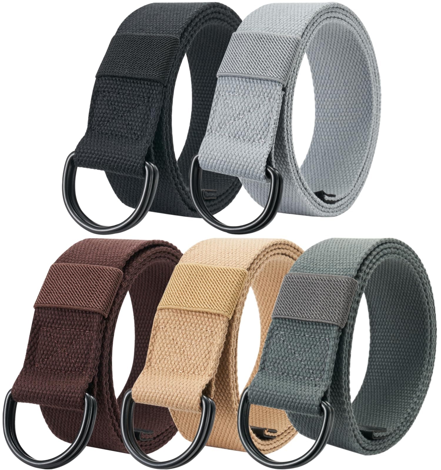 5-Packs Canvas Belt Web Fabric Casual Belt with Zinc Alloy Buckle Double D-ring for Men Women