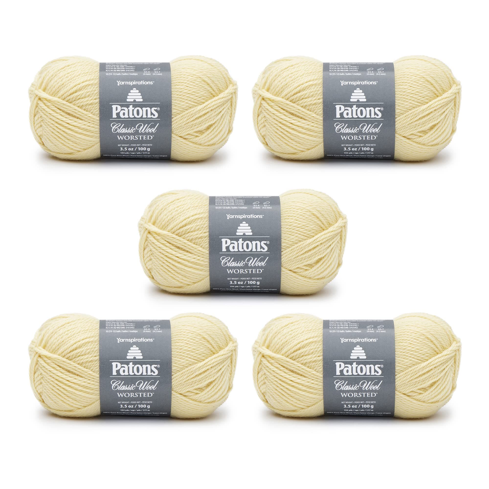 Patons Classic Wool Soft Sunshine Yarn - 5 Pack of 3.5oz/100g - Wool - 4 Medium - 210 Yards - Knitting/Crochet