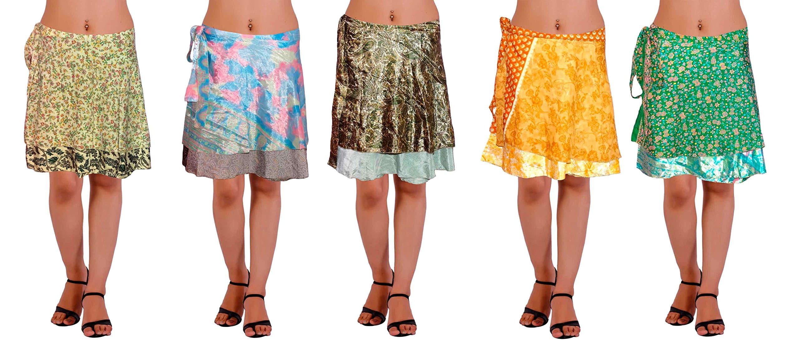 yangdoncollectionsLot of Five Wrap-Around Vintage Sari Magic Skirts - Art Silk