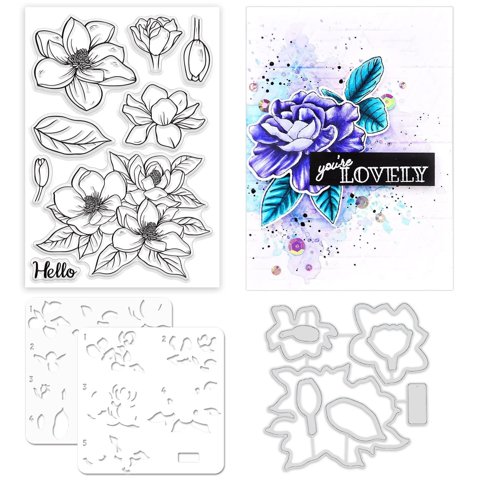 ORIGACH Realistic Magnolia Flower Stamps and Die and Layering Coloring Stencil Bundle for Card Making Album Arts Crafts Supplies