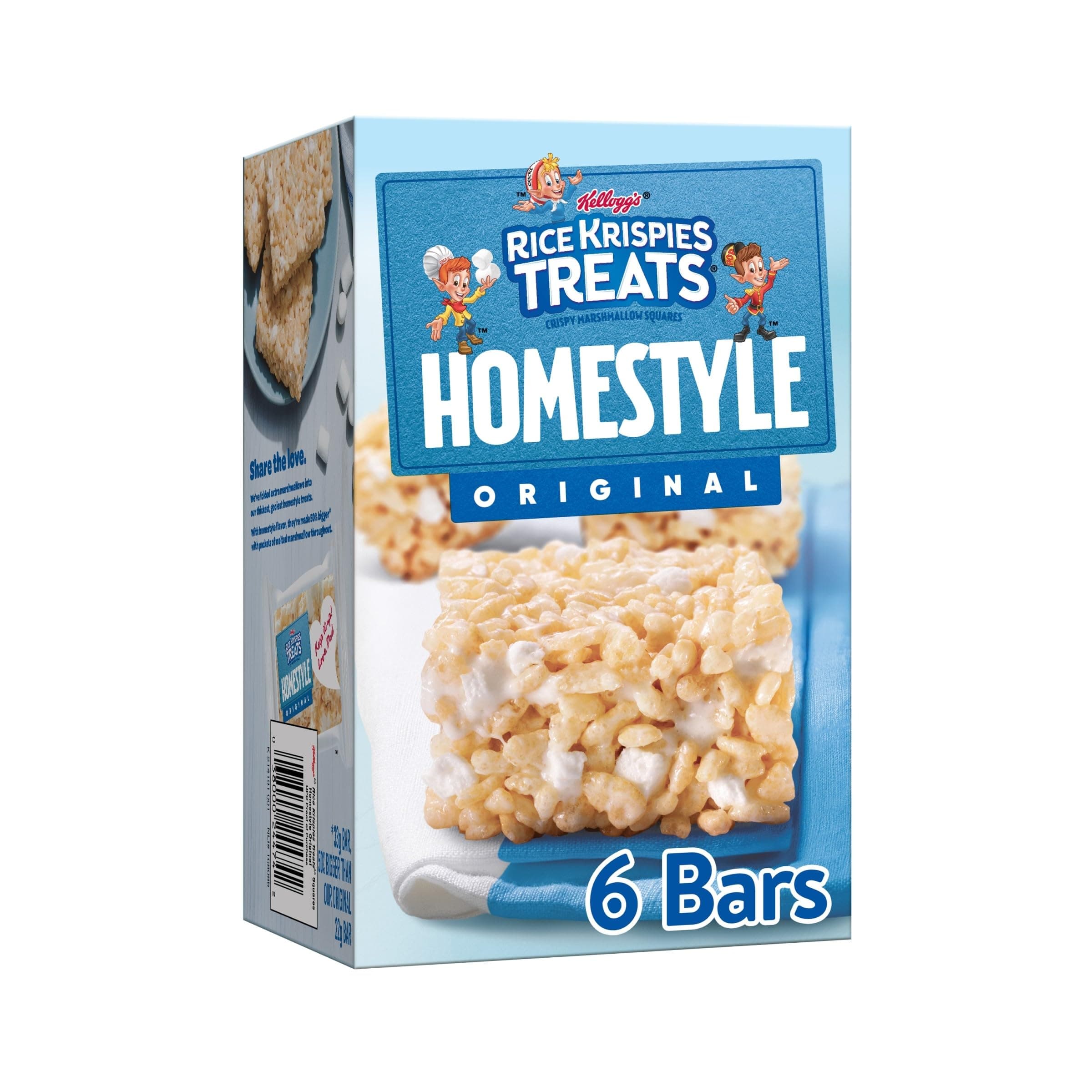 Rice Krispies Treats Homestyle Crispy Marshmallow Squares, Kids Snacks, Cereal Bars, Original, 6.98oz Box (6 Bars)