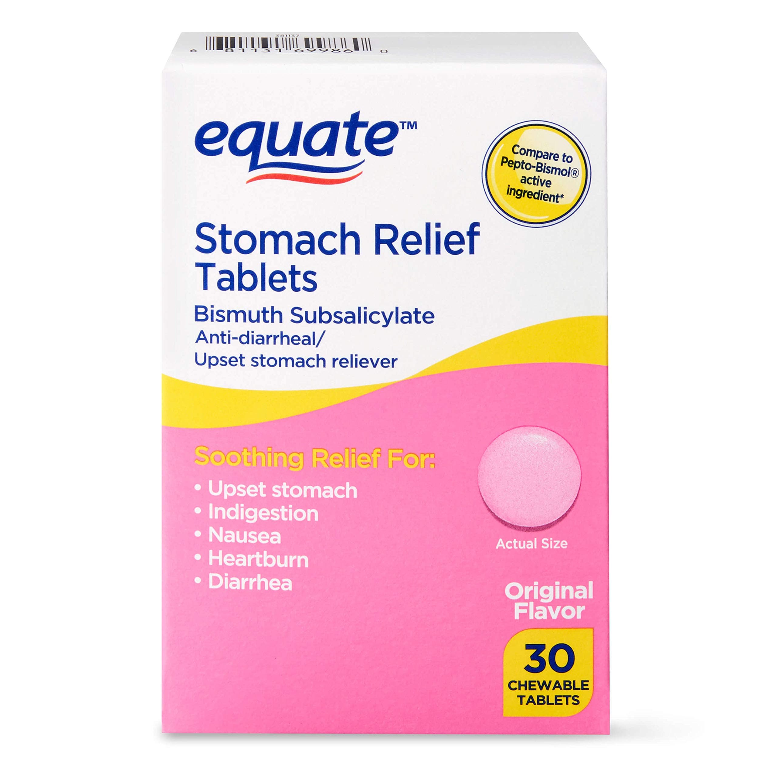 Equate - Stomach Relief, Pink Bismuth Subsalicylate, 30 Chewable Tablets