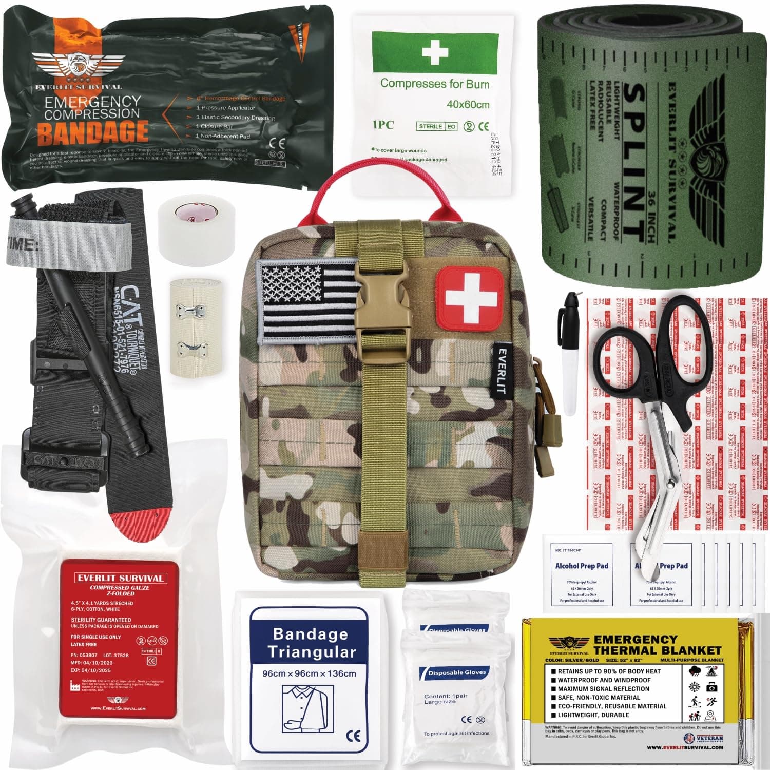 EVERLIT Emergency Trauma Kit, CAT GEN-7 Tourniquet 36" Splint, Military Combat Tactical IFAK for Critical Wounds First Aid, Gun Shots, Severe Bleeding Control (Camouflage)