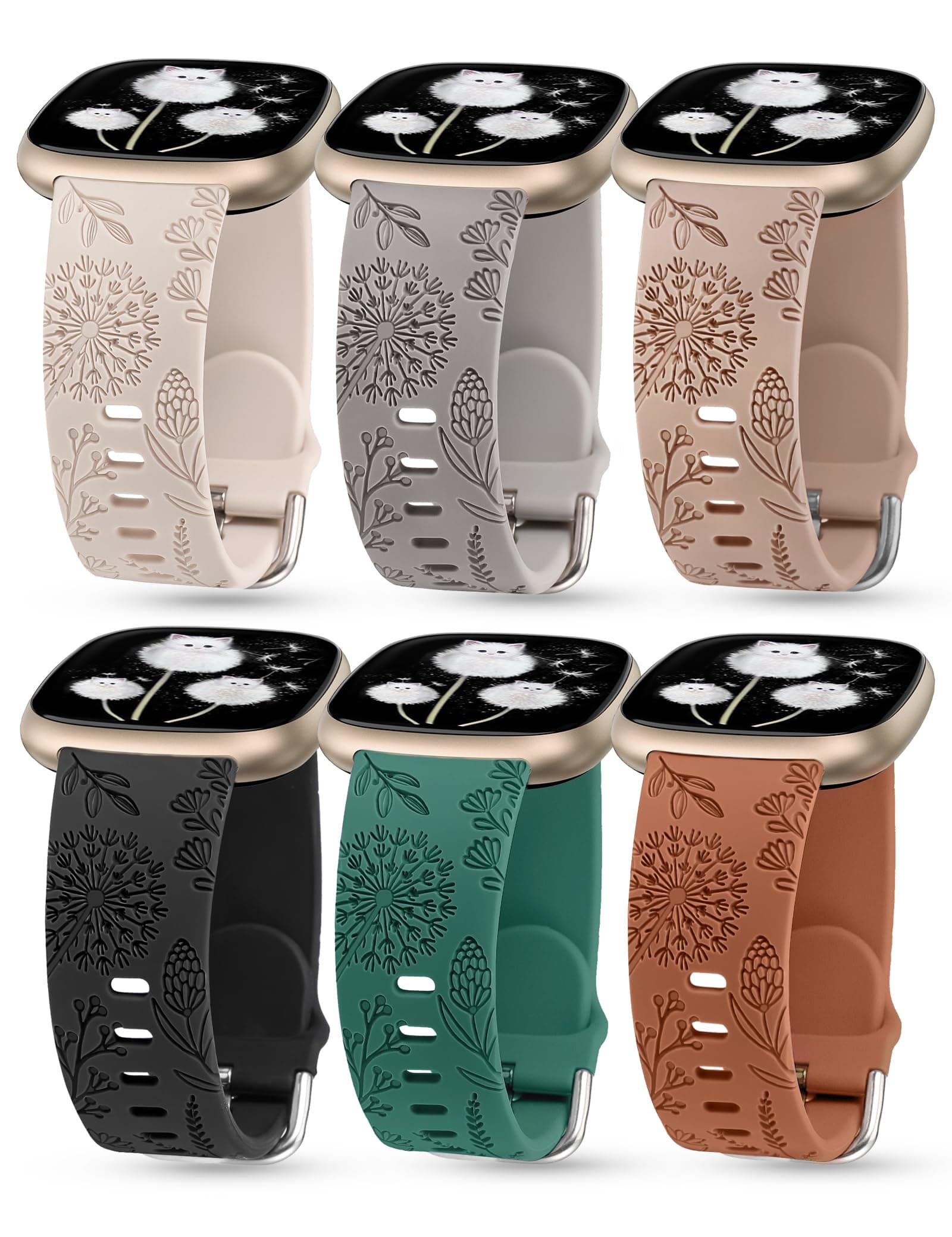 3 Packs Floral Engraved Band Compatible with Fitbit Versa 4/Versa 3/Sense 2/Sense Band Women, Cute Soft Silicone Dandelion Flower Pattern Sport Designer Fancy Summer Strap for Versa 4
