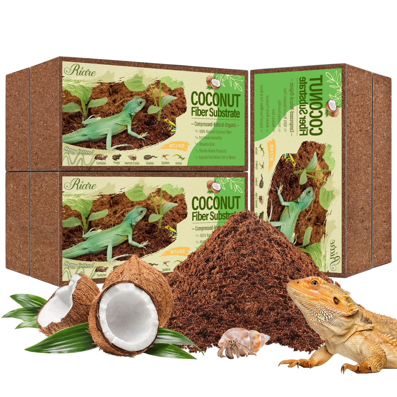 Riare 6 Pack Natural Coconut Fiber Substrate for Reptile Coco Substrate Premium Compressed Coconut Husk Terrarium Bedding for Reptile, Tortoise, Frogs, Snakes Hermit Crabs, Burrowing Animals