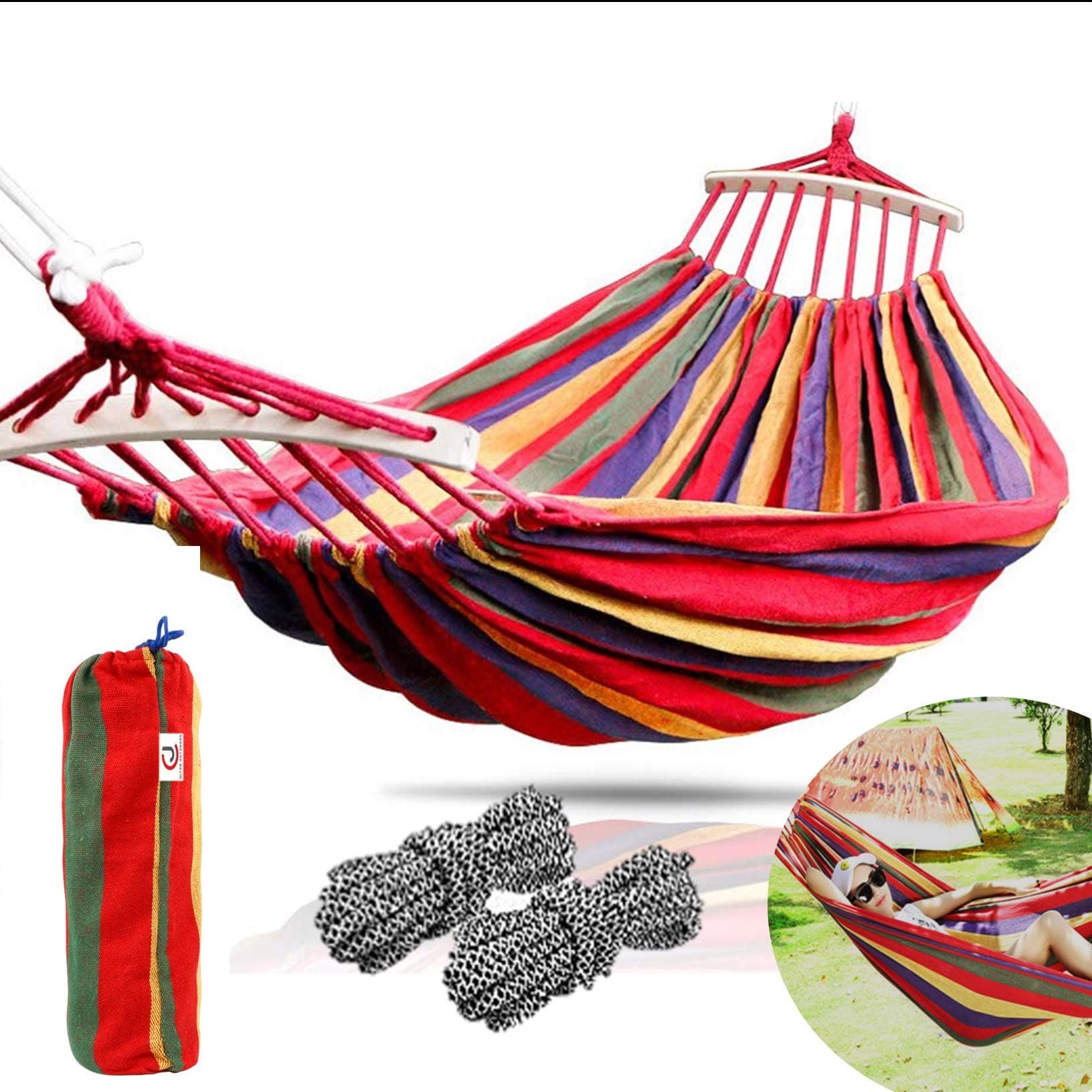 CJ Ultra Outdoors Cotton Fabric Canvas Travel Hammocks with Tree Straps 350lbs Ultralight Camping Hammock Portable Beach Swing Bed with Hardwood Spreader Bar Tree Hanging Suspended Outdoor Indoor Bed