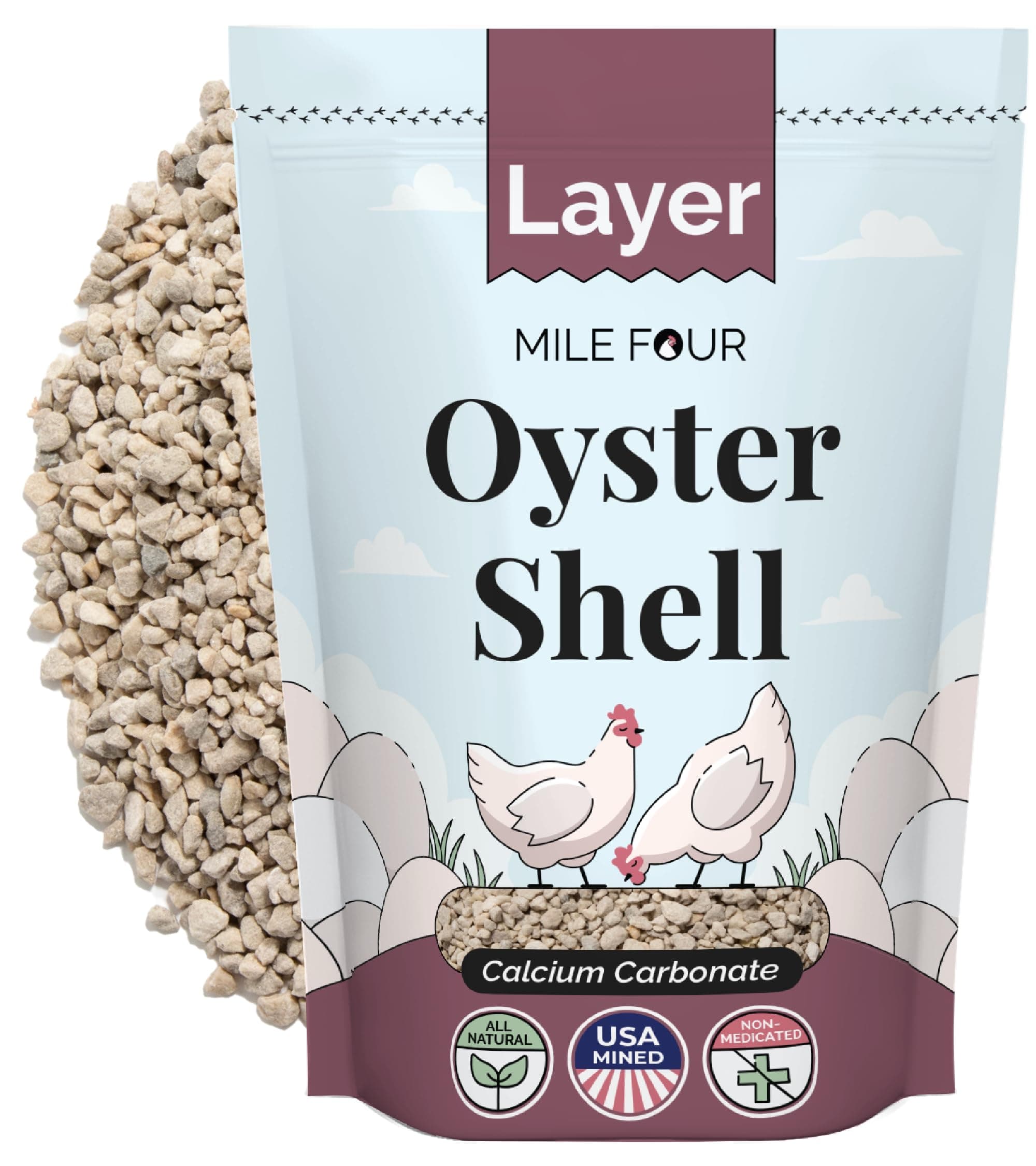 Mile Four Oyster Shell for Chickens - Calcium Supplement for Chickens, 100% Natural Limestone Calcium Carbonate, Strong Eggshell & Bone Booster, 4 lbs