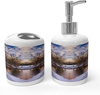 Ambesonne Landscape Soap Dispenser & Toothbrush Holder Set, Snowy Winter Park Trees Heart Shape Lake River Sunset View Symmetrical Art, Ceramic Bathroom Toiletry Accessories, 2 Pcs, Brown and White